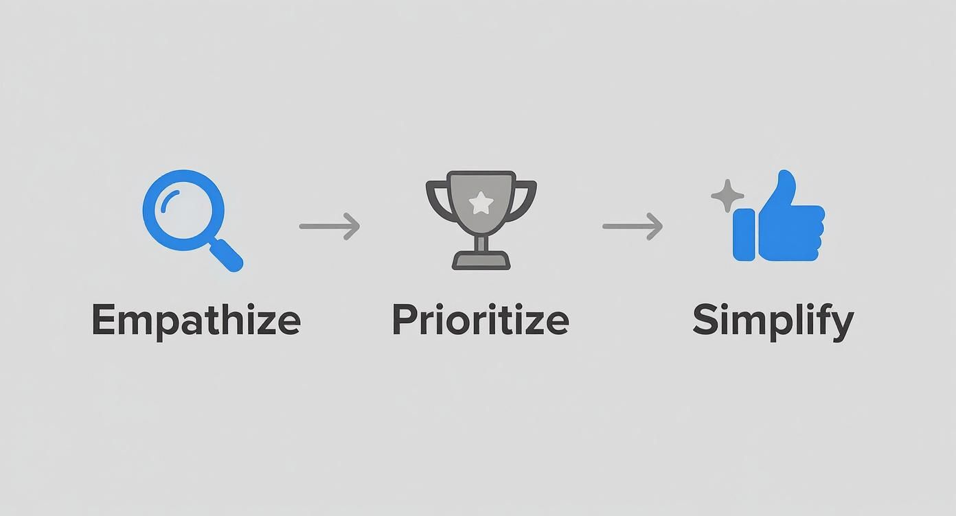 A three-step design thinking process showing Empathize, Prioritize, and Simplify with icons.