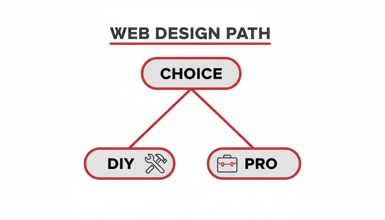 A flowchart showing web design paths: a 'Choice' leading to 'DIY' (with tools) or 'PRO' (with a briefcase).