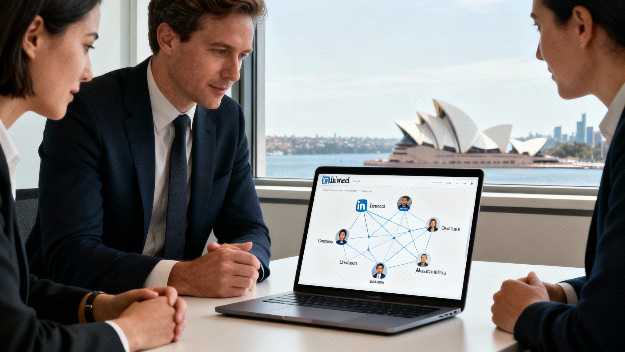 Three business professionals review a LinkedIn network on a laptop, with the Sydney Opera House visible outside.