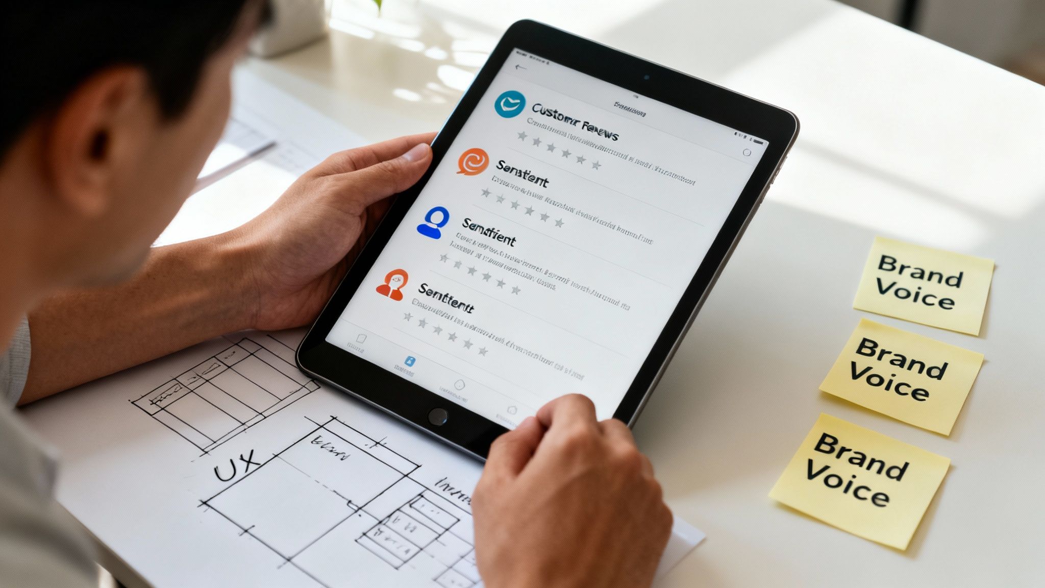 Person reviewing customer feedback on a tablet, with UX sketches and 'Brand Voice' sticky notes nearby.