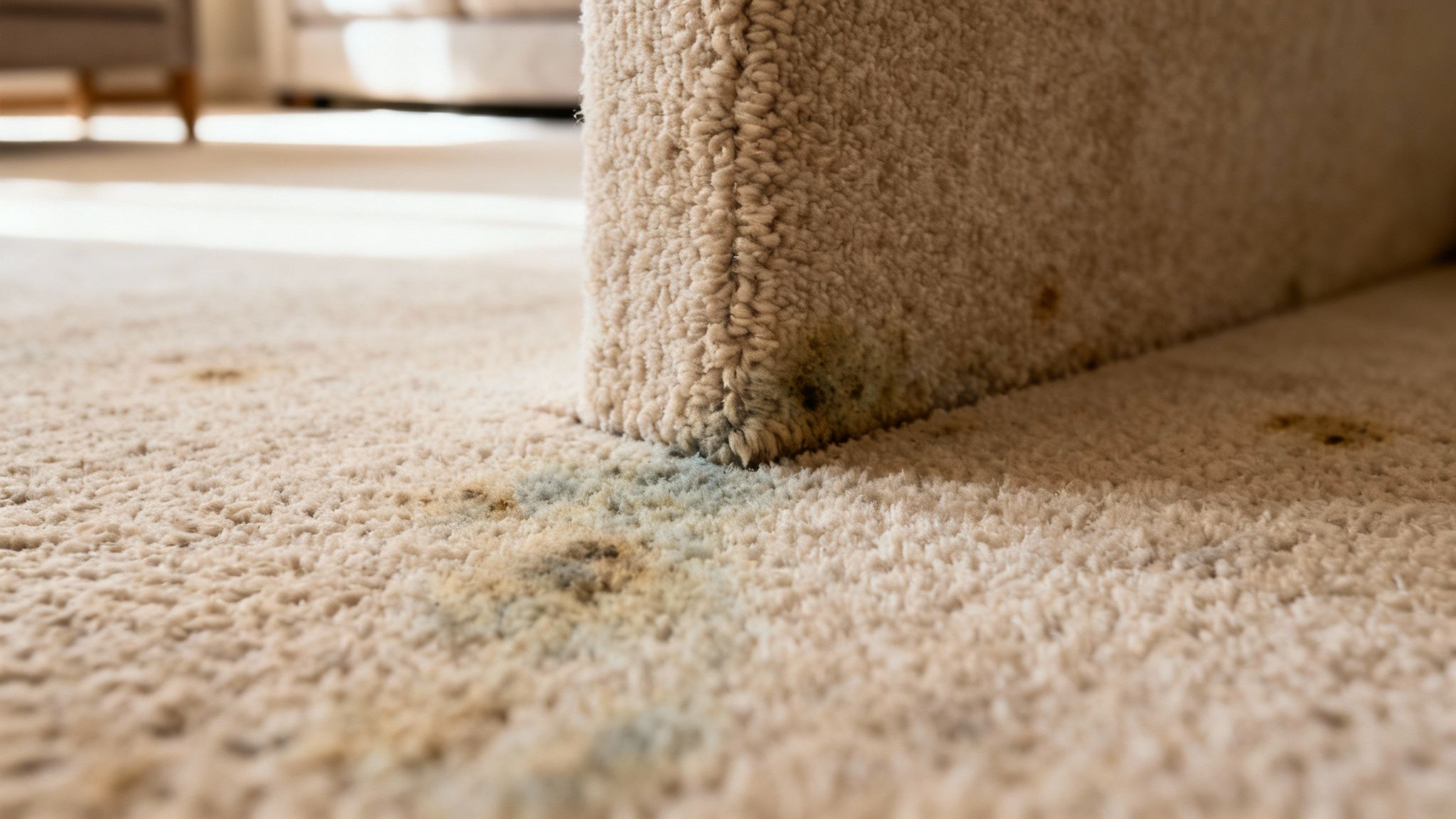 A close-up view of dark mould spots on a light-coloured carpet.