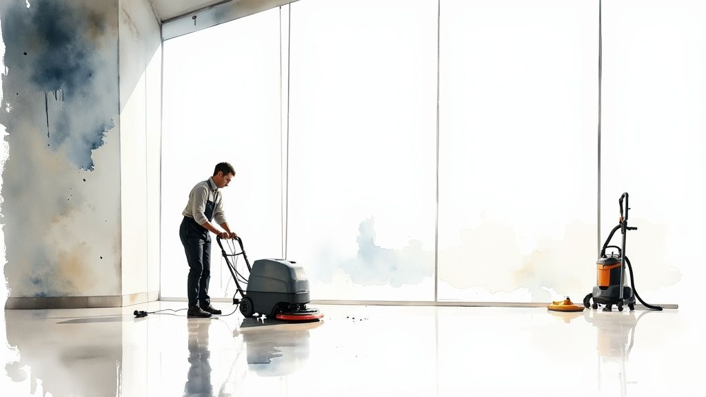 A commercial cleaner mopping a bright, modern office floor.