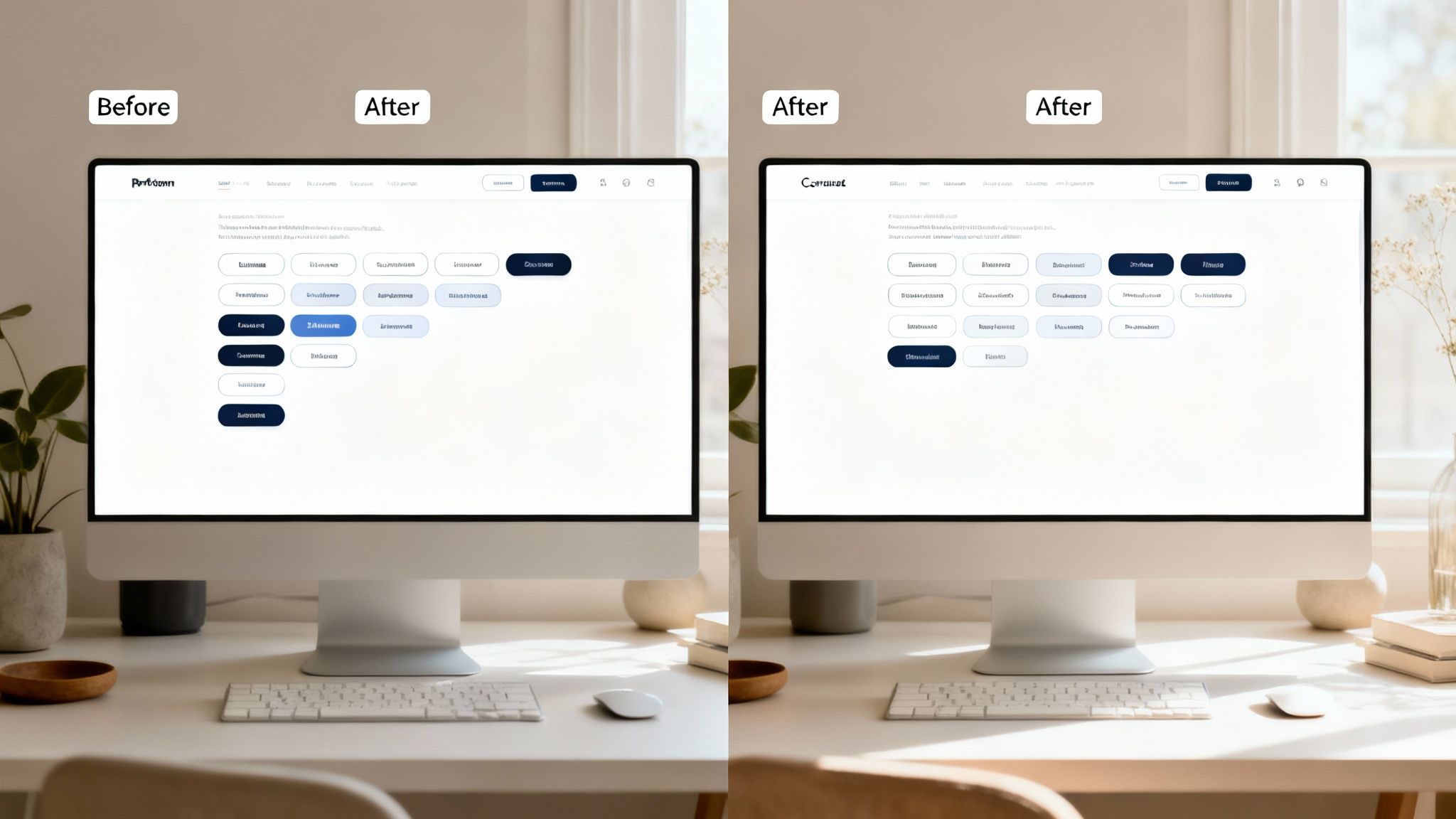 Side-by-side comparison of a 'Before' and 'After' web design on computer monitors.