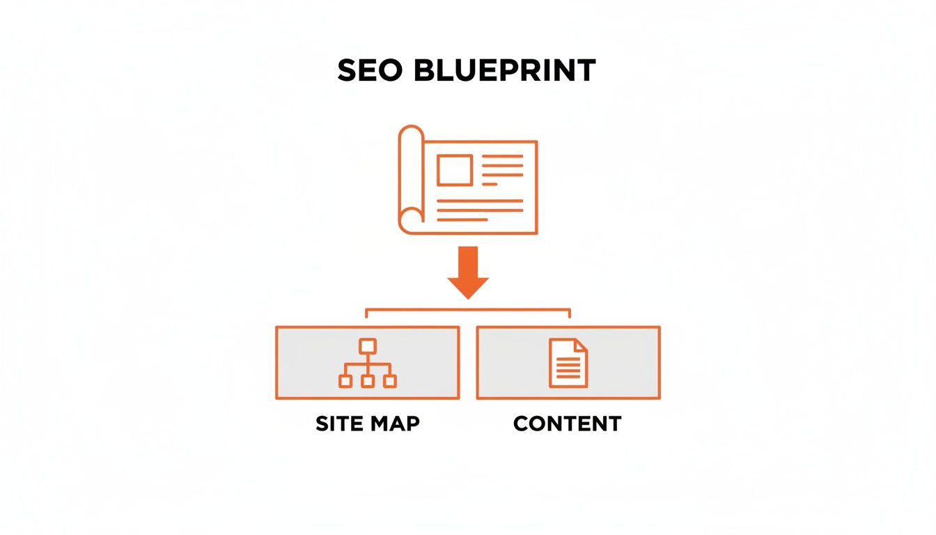 SEO blueprint diagram illustrating the two core components: website site map and content.