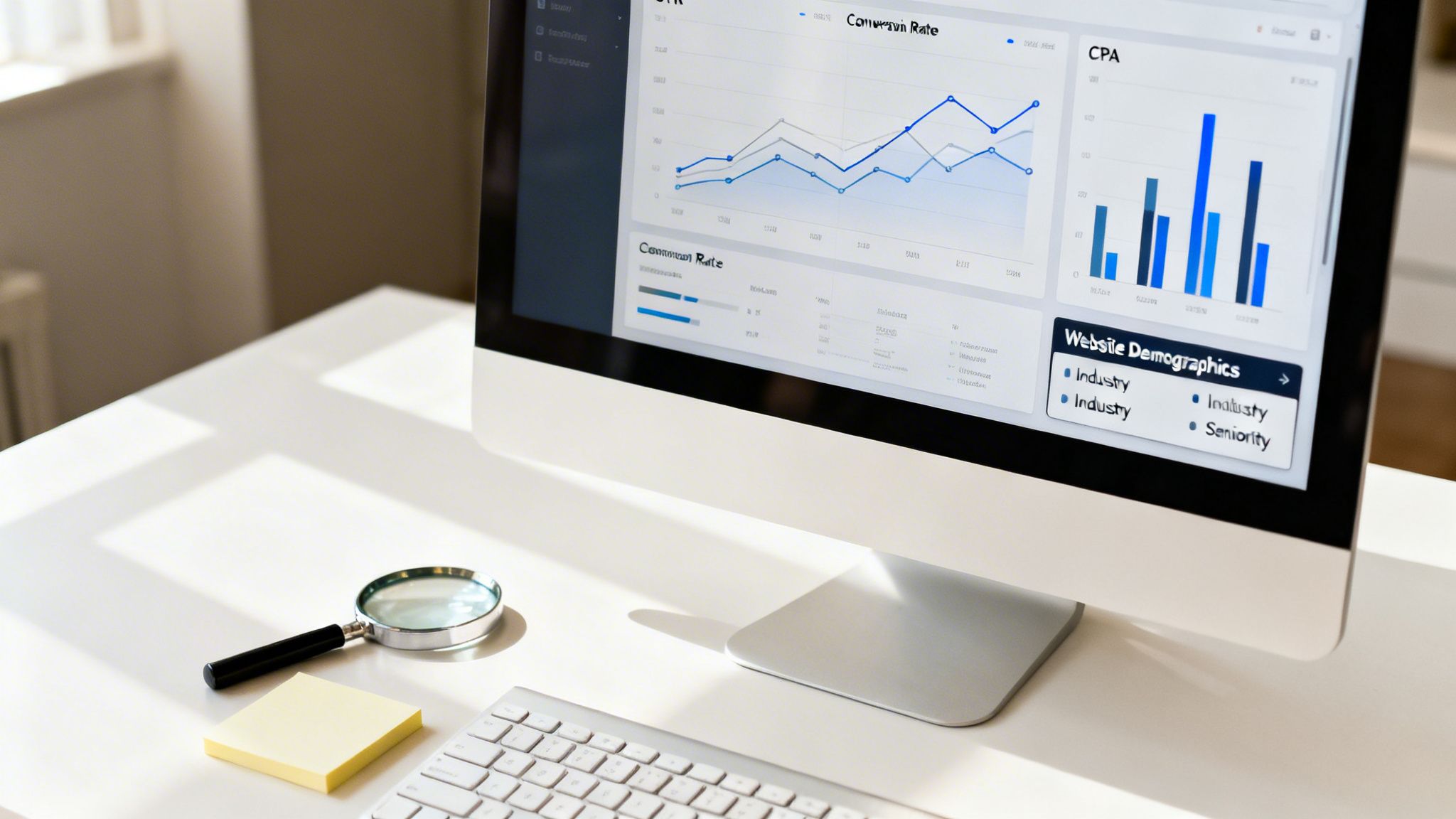 A desktop computer displays website analytics with conversion rate graphs and CPA charts on a white desk with a magnifying glass and sticky notes.