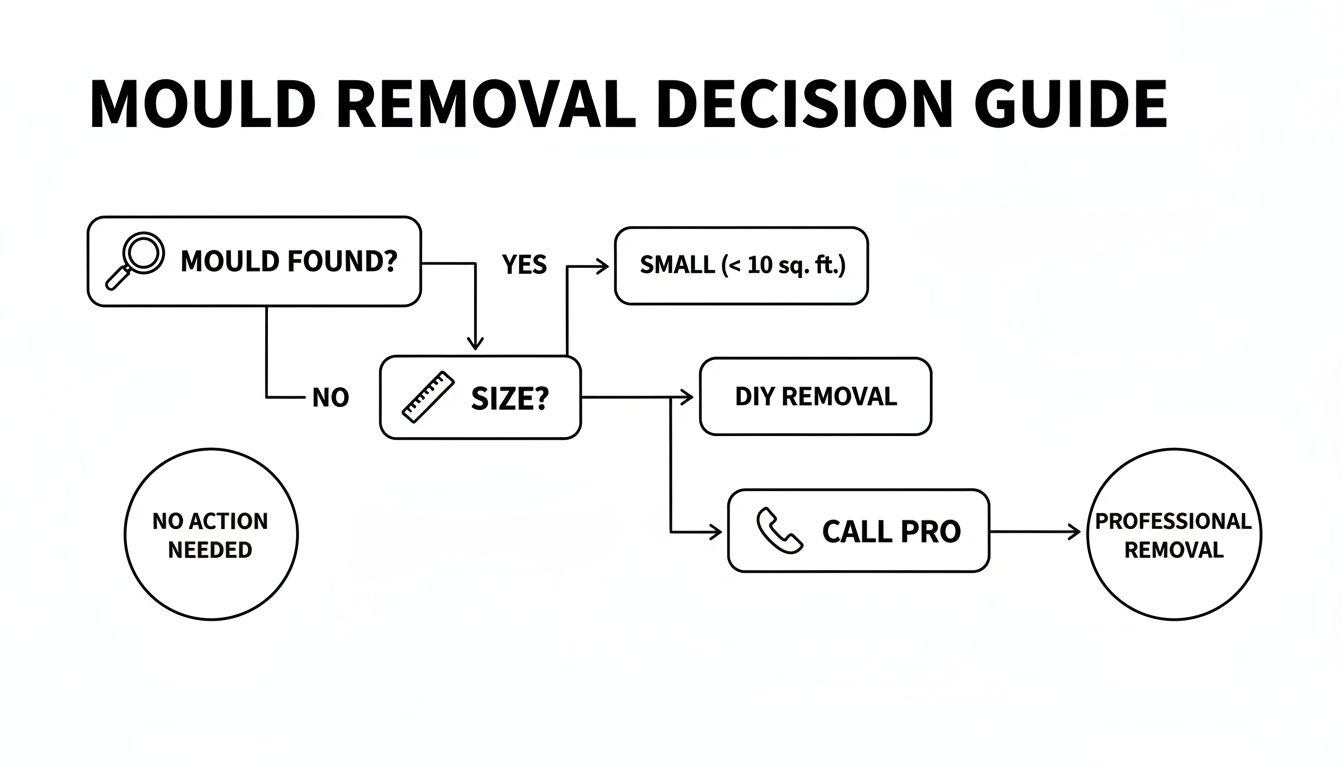 A flowchart decision guide for mould removal, outlining steps based on mould presence and size.