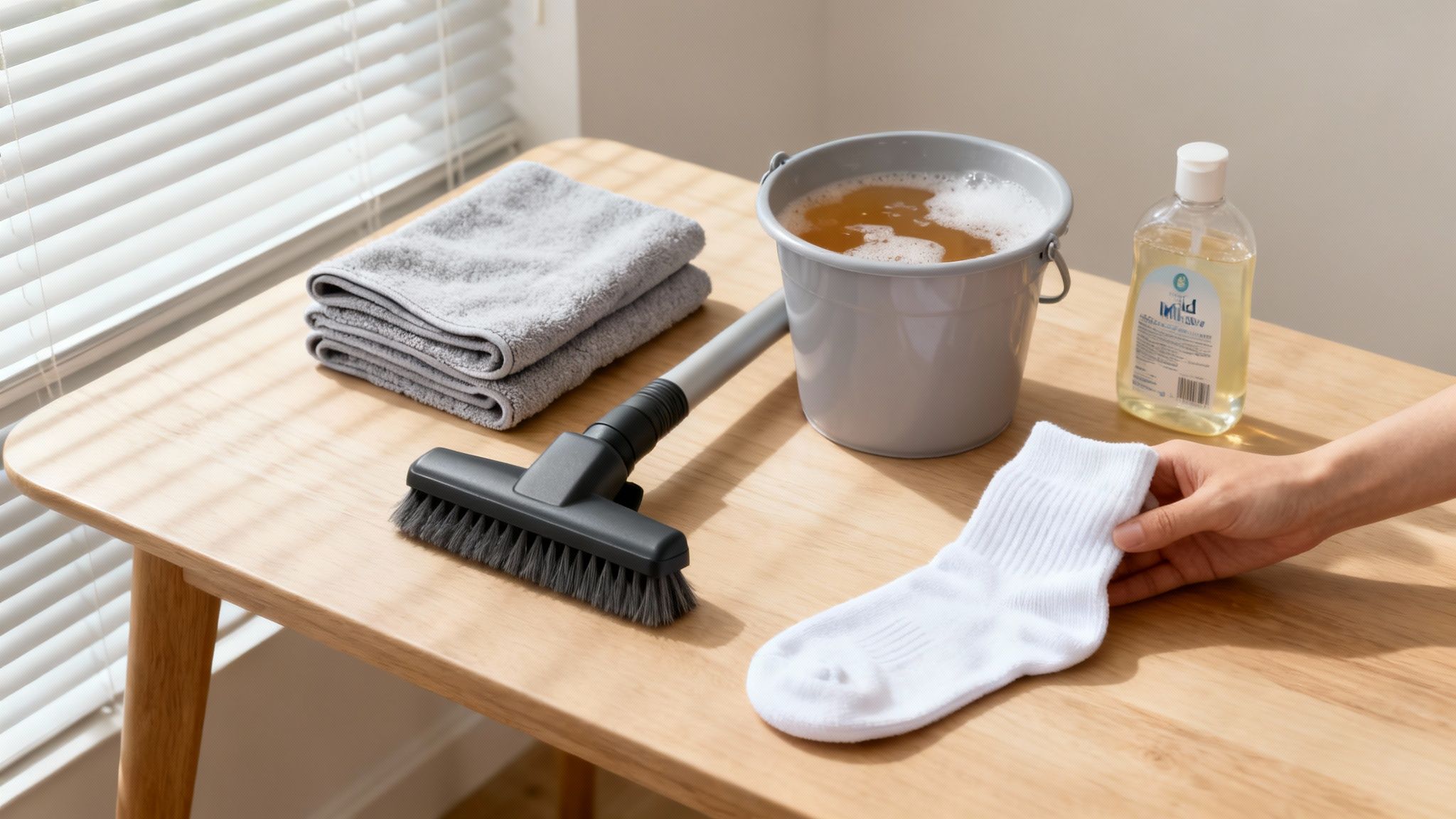 A hand holds a white sock next to cleaning supplies: a bucket of soapy water, cleaning solution, and towels on a table.
