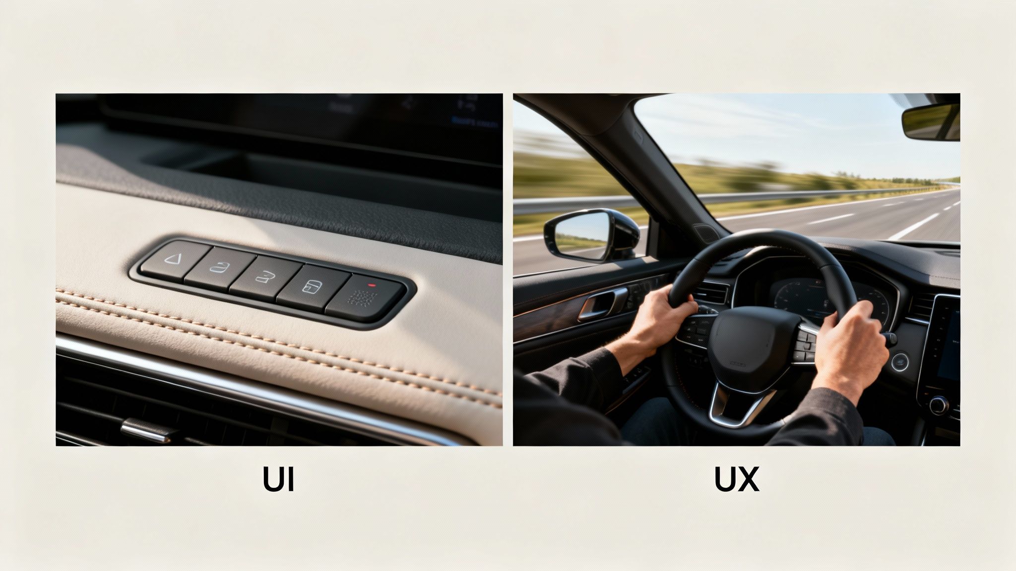 A split image illustrates UI with car interface buttons and UX with a person driving on a highway.