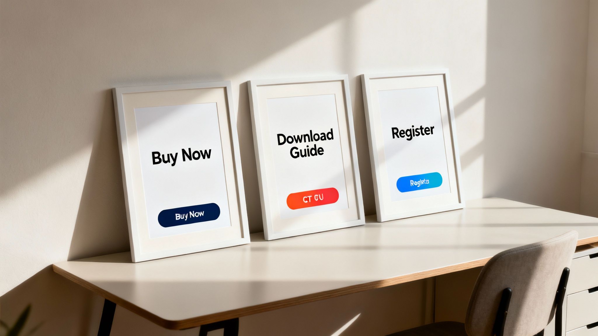 A digital screen showing various effective call to action buttons from different websites and ads.
