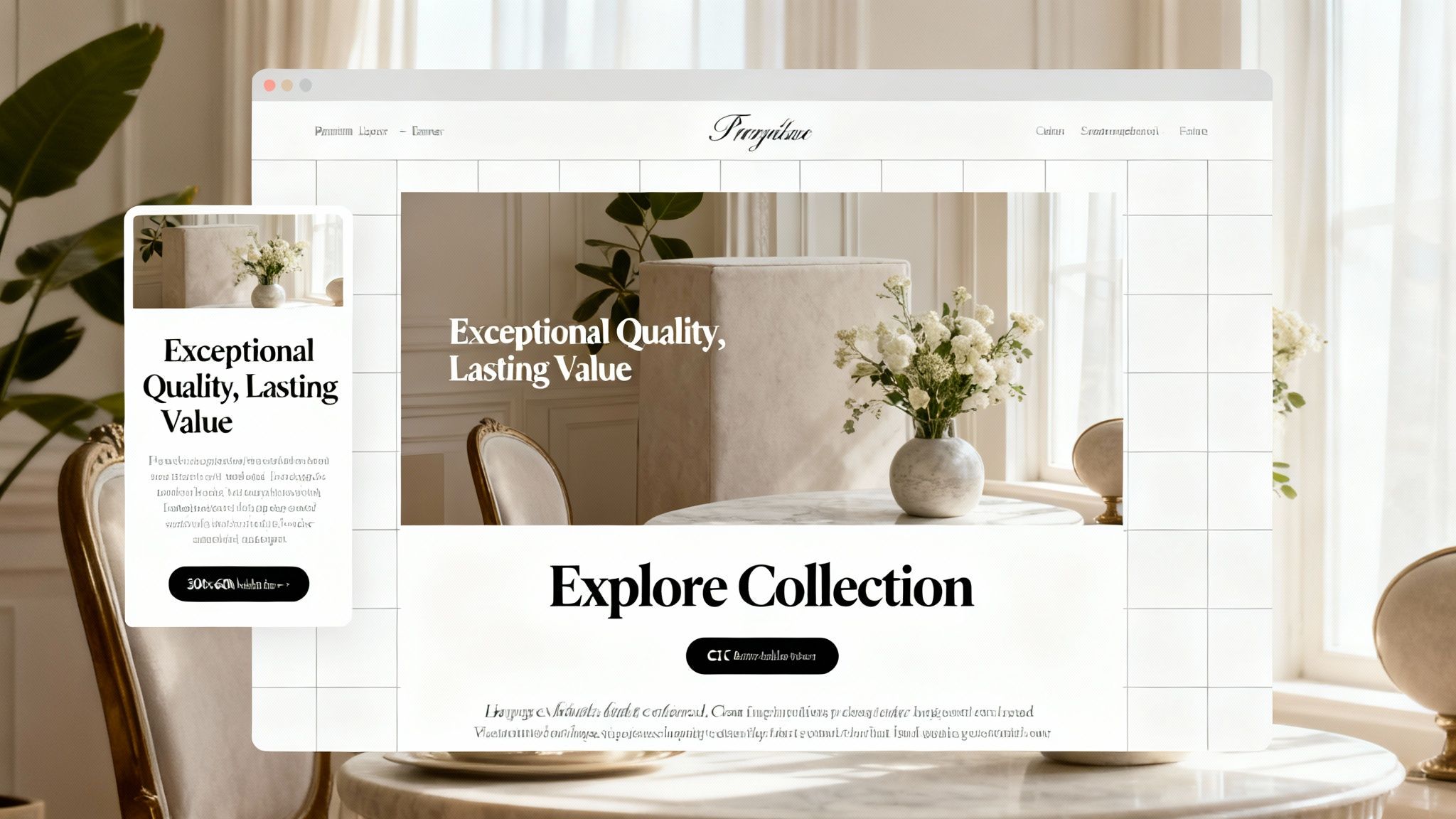 Elegant website design displaying a home furnishing collection with a floral arrangement and quality message.