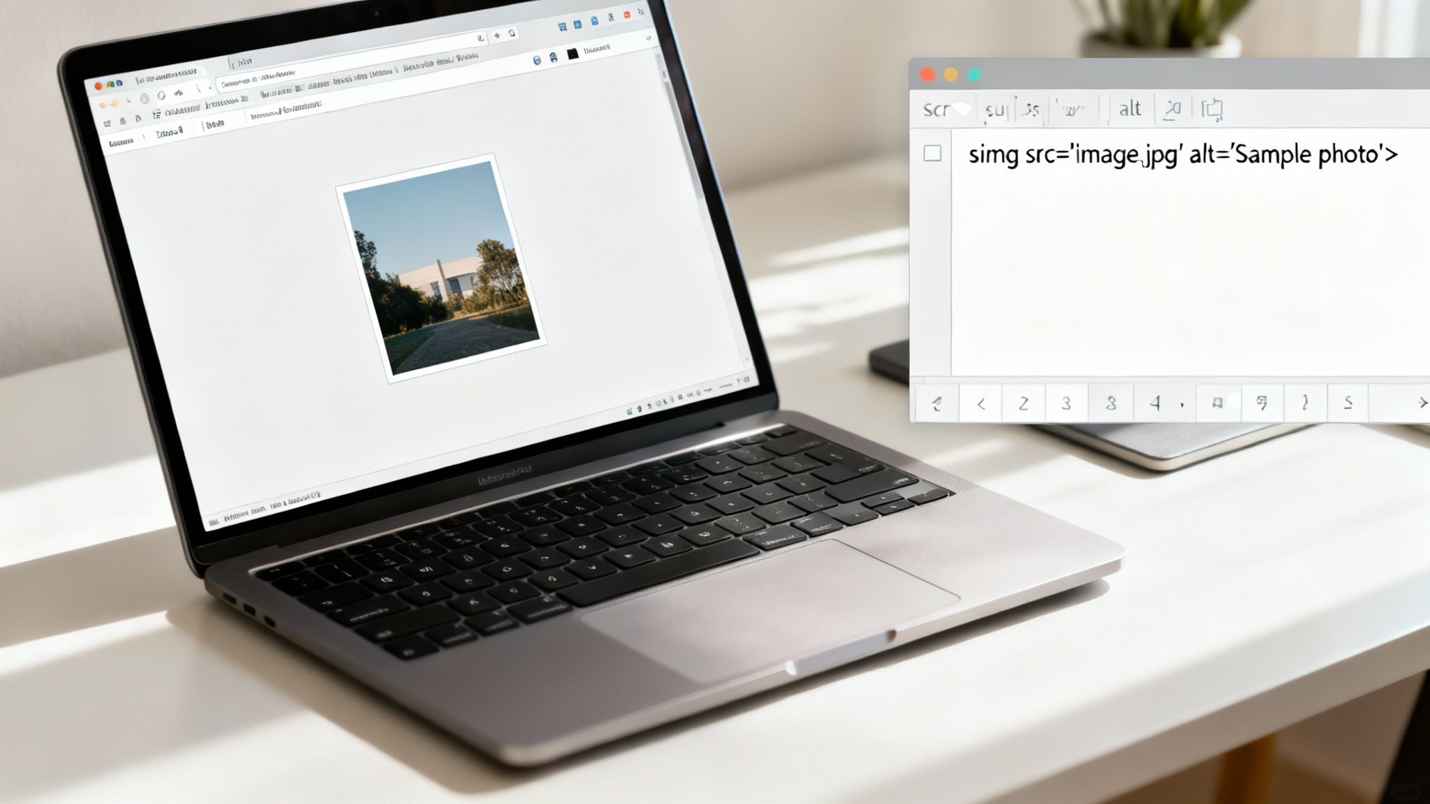 A person typing code on a laptop keyboard to add an image to their HTML file.