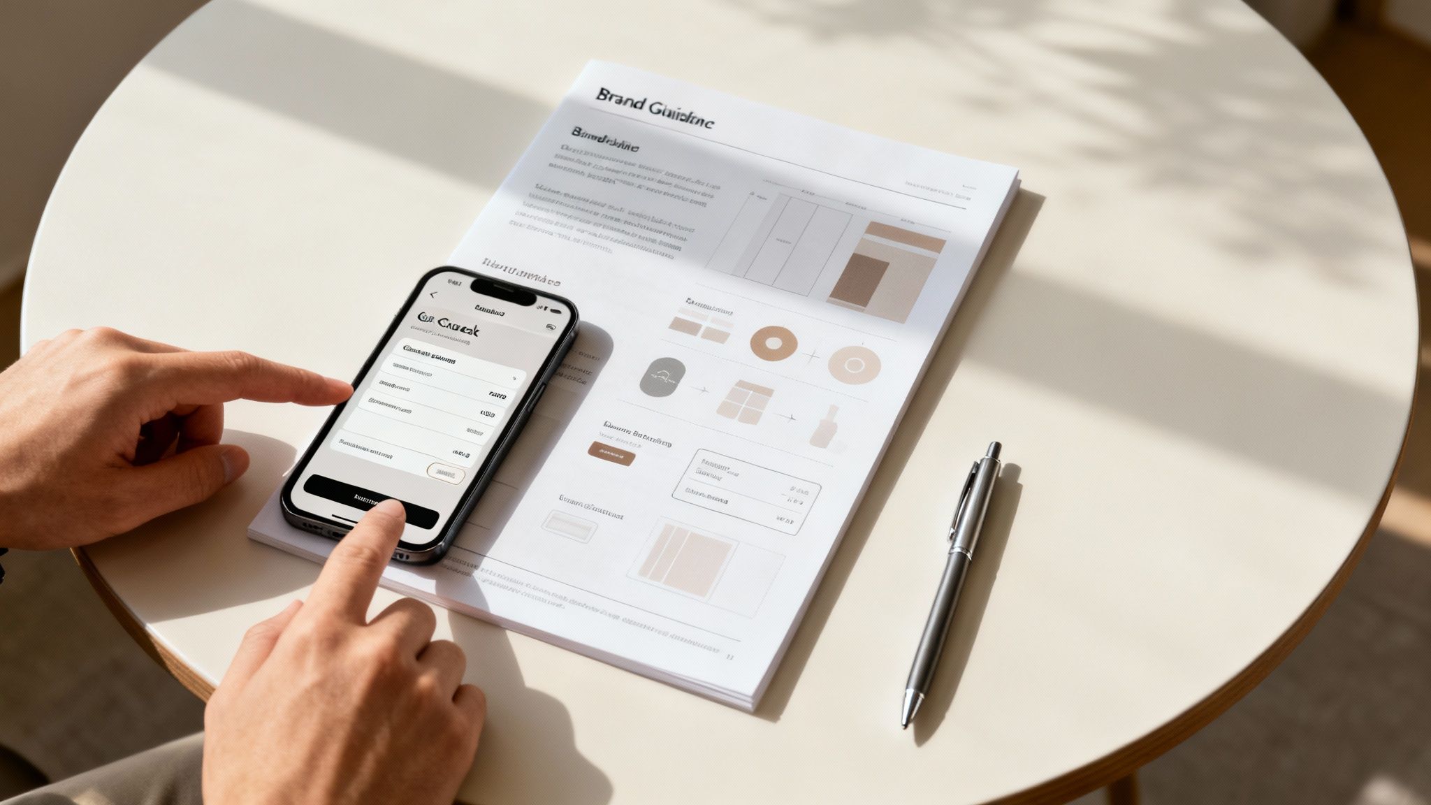 Two hands working on a laptop, one designing a graphic and the other coding a website, symbolising the collaboration between graphic and web design.