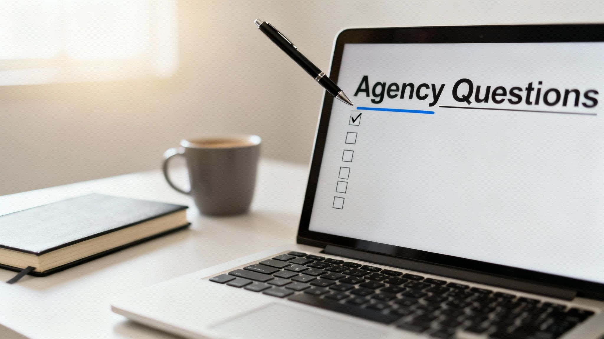 Laptop displaying agency questions checklist with pen, coffee mug, and notebooks on desk