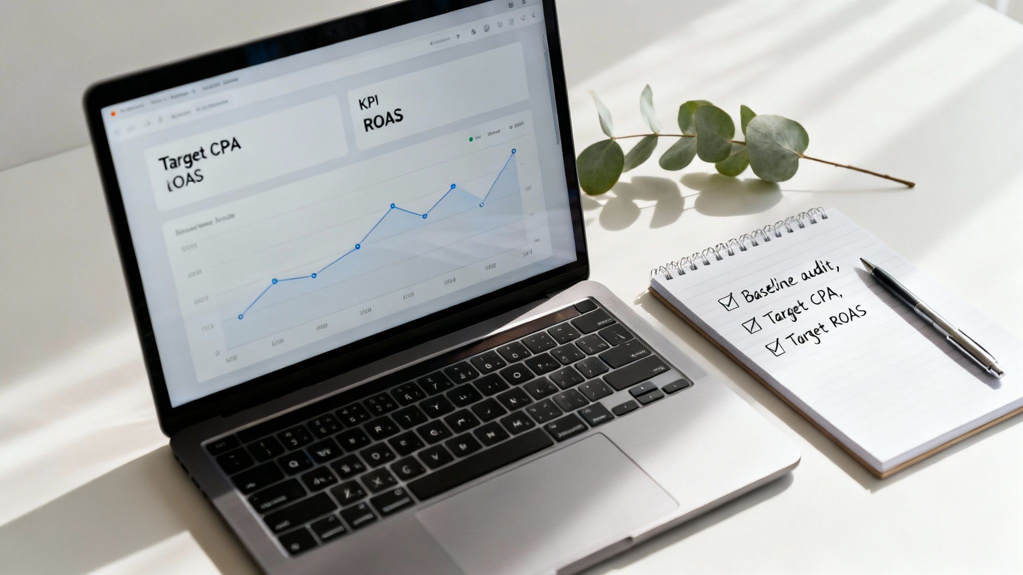 A person at a desk with charts and graphs, planning business goals.