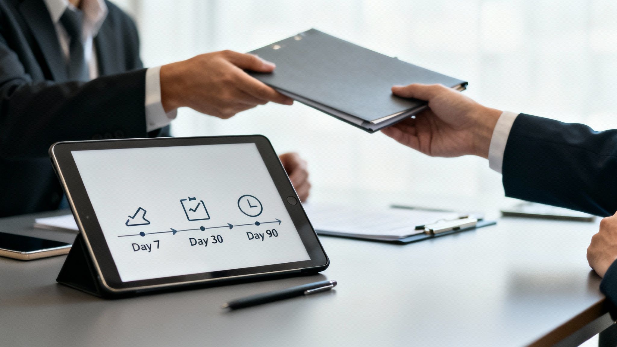 Business professionals collaborate, exchanging documents, while a tablet displays a project timeline.
