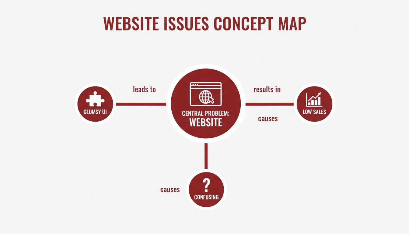 A concept map titled 'Website Issues' shows 'Website' as the central problem, caused by 'Clumsy UI' and 'Confusing', and resulting in 'Low Sales'.