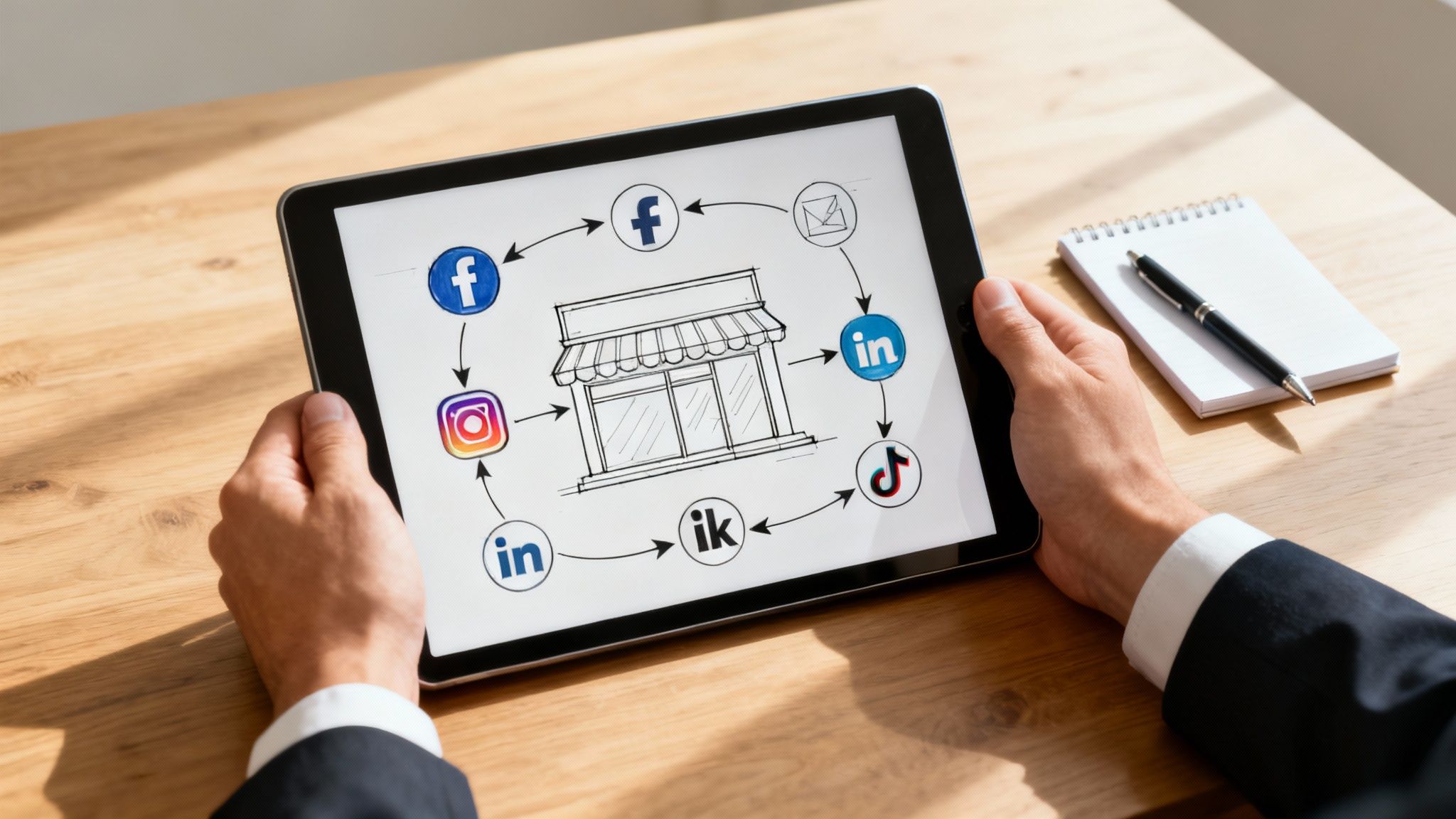 Hands holding a tablet showing a diagram of a store connected to various social media platforms.