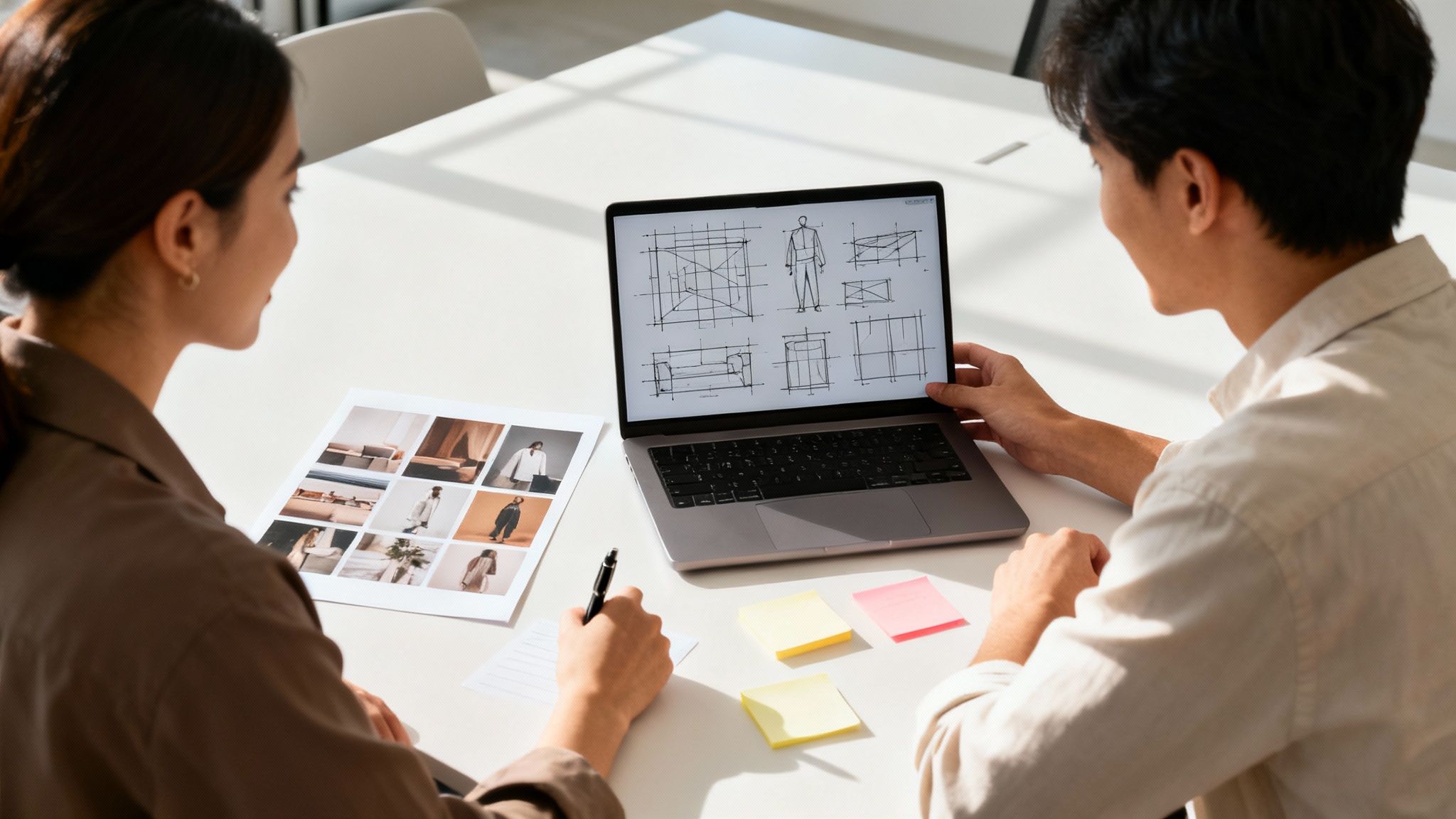 Two designers collaborate at a desk, reviewing fashion sketches on a laptop and printed mood board.