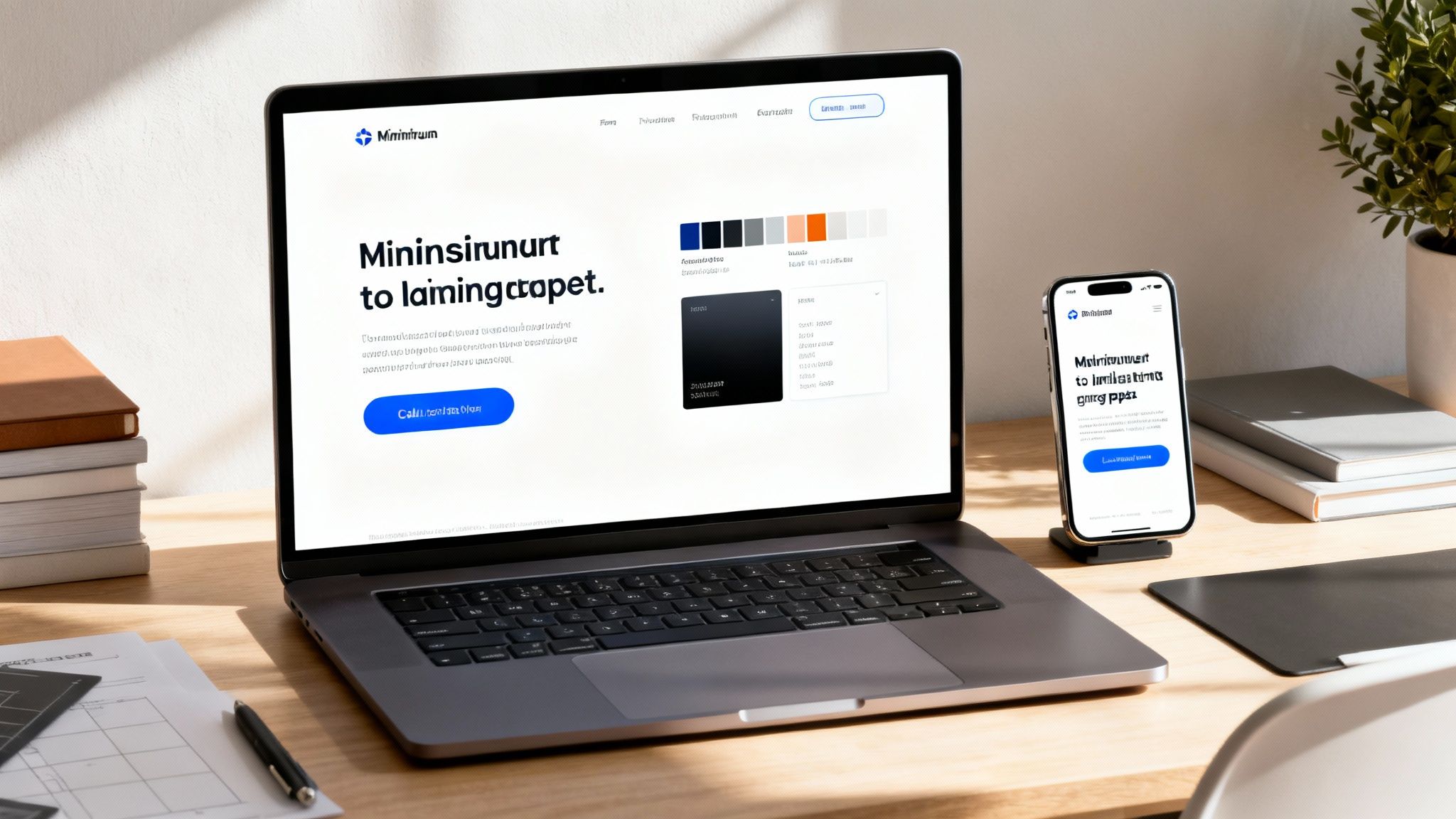 A modern workspace with a laptop and smartphone showing a minimalist landing page design.