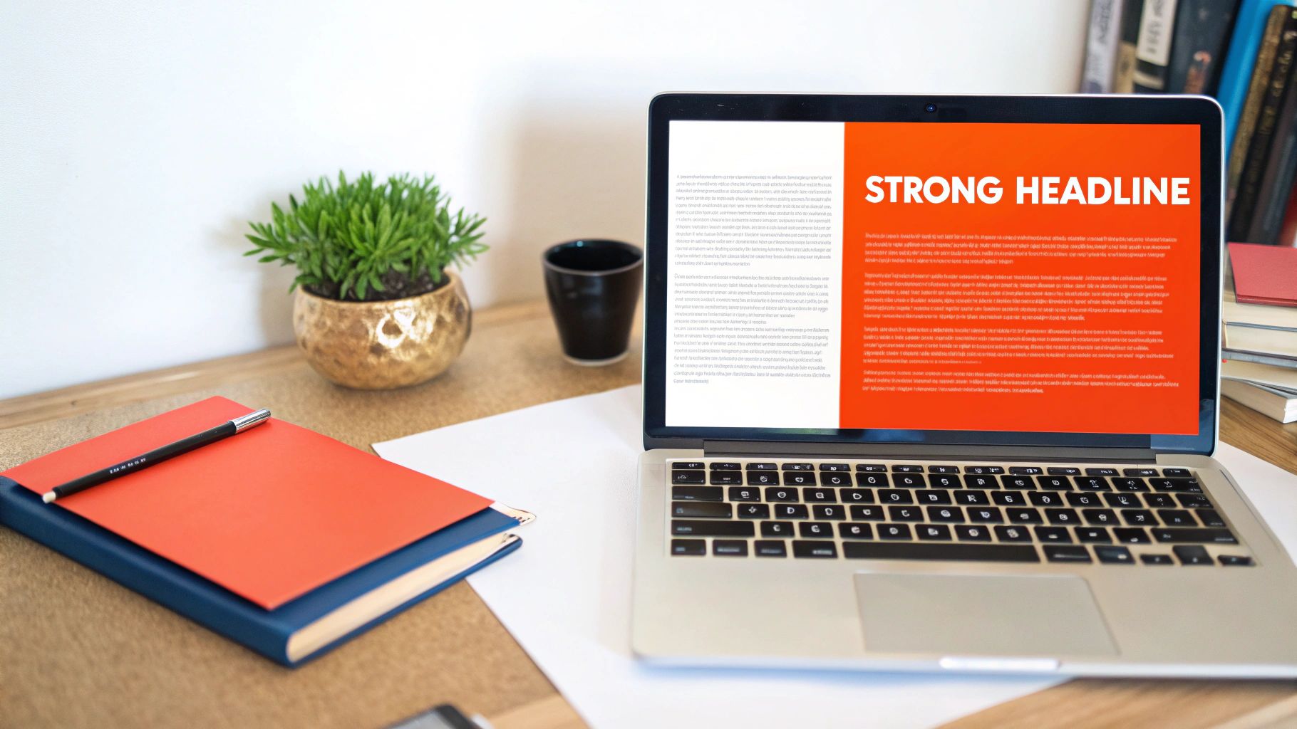 A person writing ad copy on a laptop, representing the creation of compelling headlines.