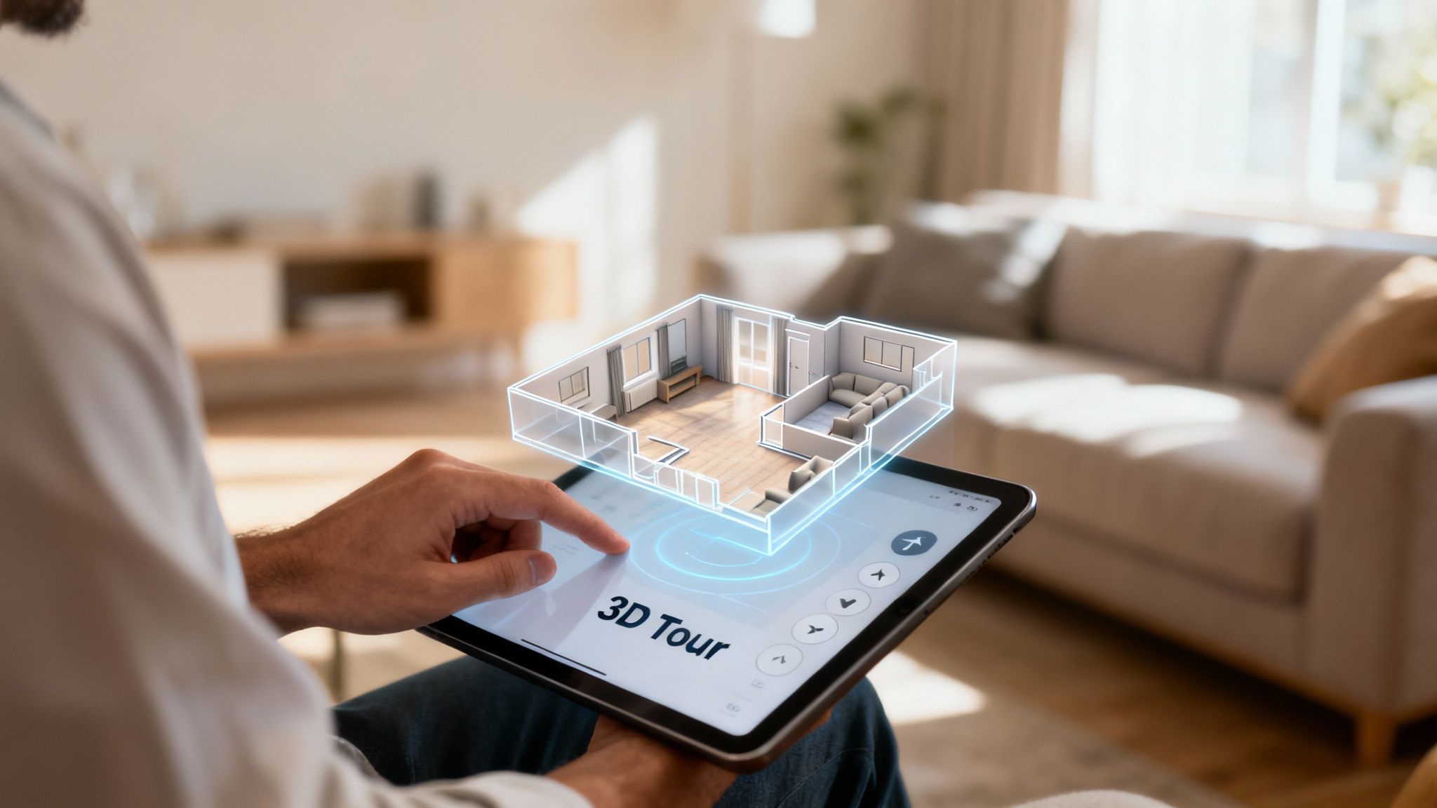 Person viewing a holographic 3D floor plan on a tablet for a virtual home tour.
