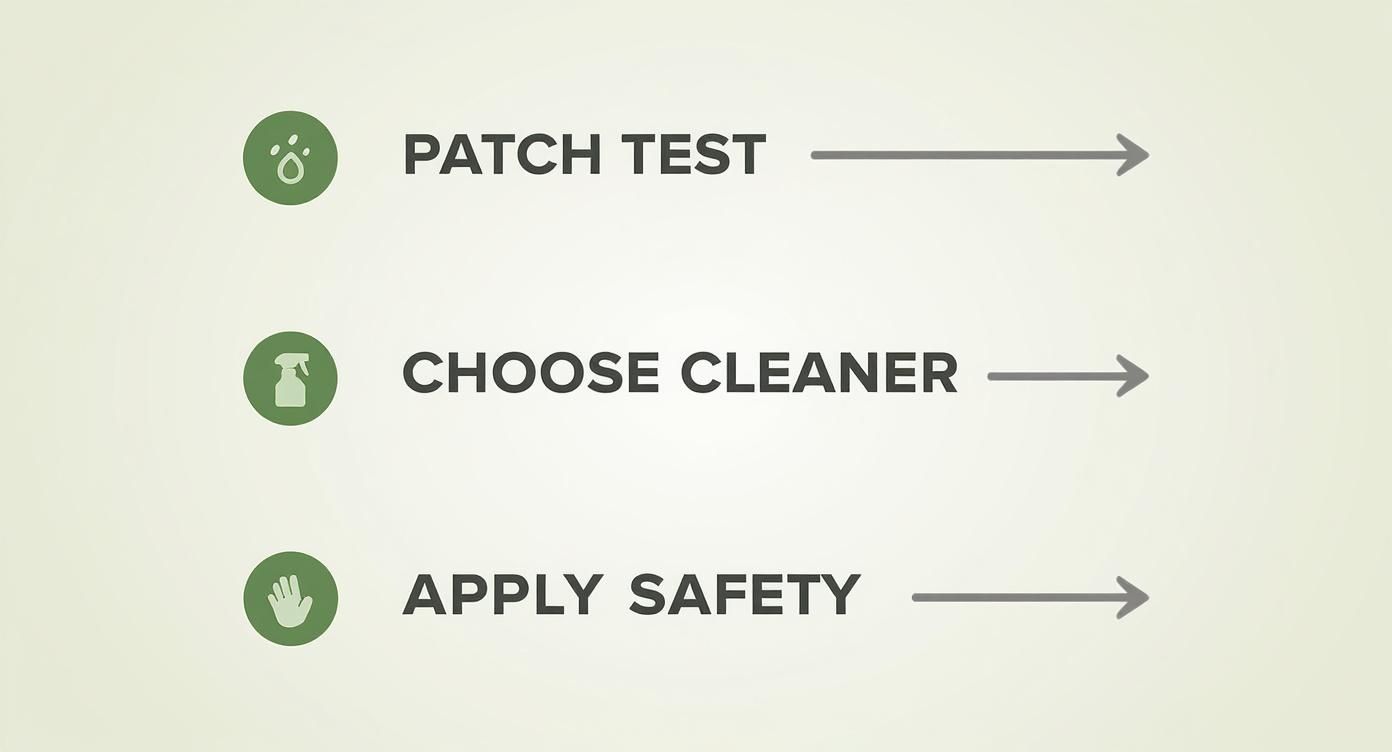 Three-step mould removal process showing patch test, choose cleaner, and apply safety instructions with icons