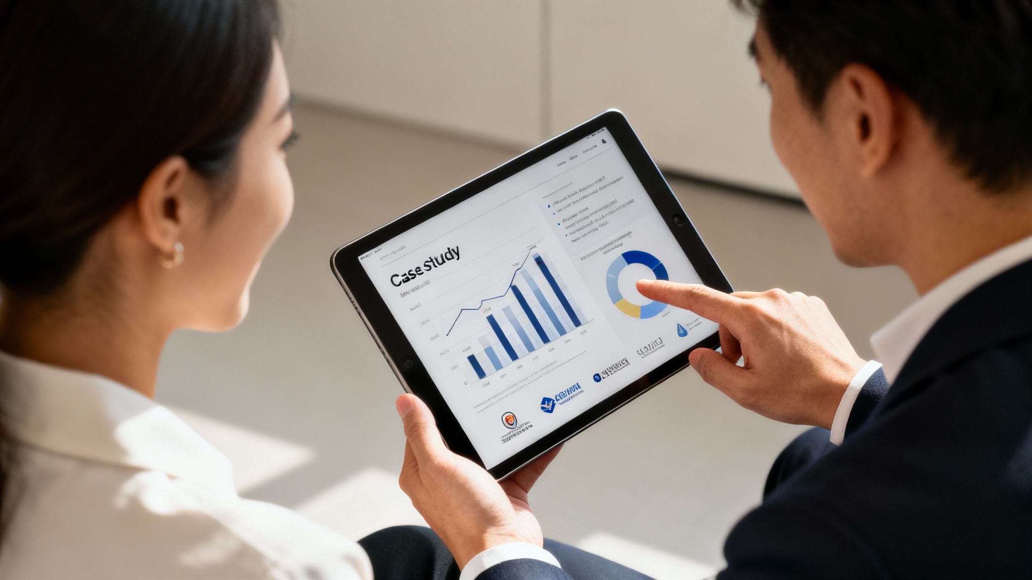 Two business professionals collaboratively reviewing a 'Case study' with charts on a digital tablet.