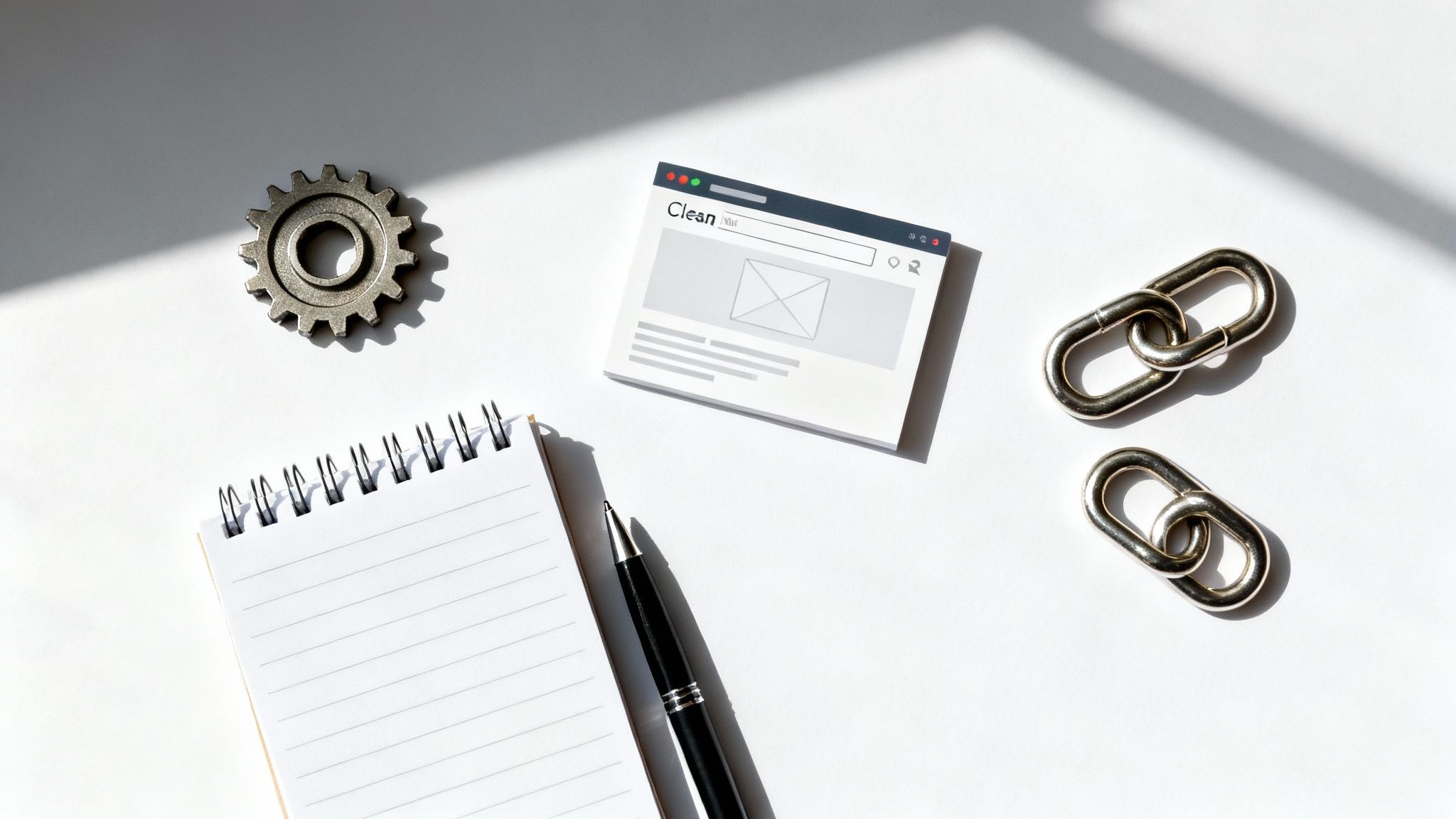 A flat lay of SEO tools: a gear, a notebook with a pen, a browser window sticky note, and two metal chain links on a white desk.