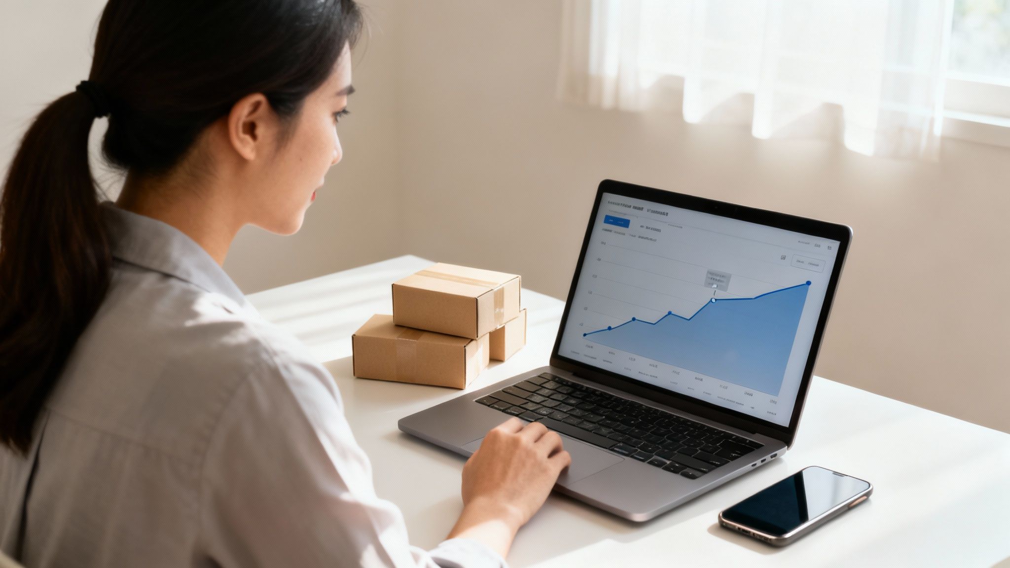 Young Asian woman analyzing e-commerce sales growth on a laptop with shipping boxes.