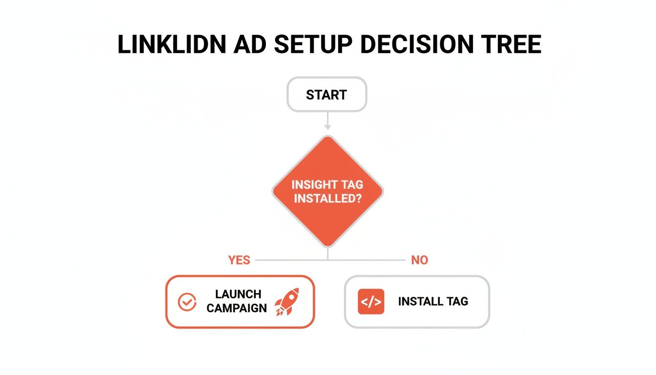 A flowchart detailing the LinkedIn ad setup decision tree, starting with an Insight Tag installation check.