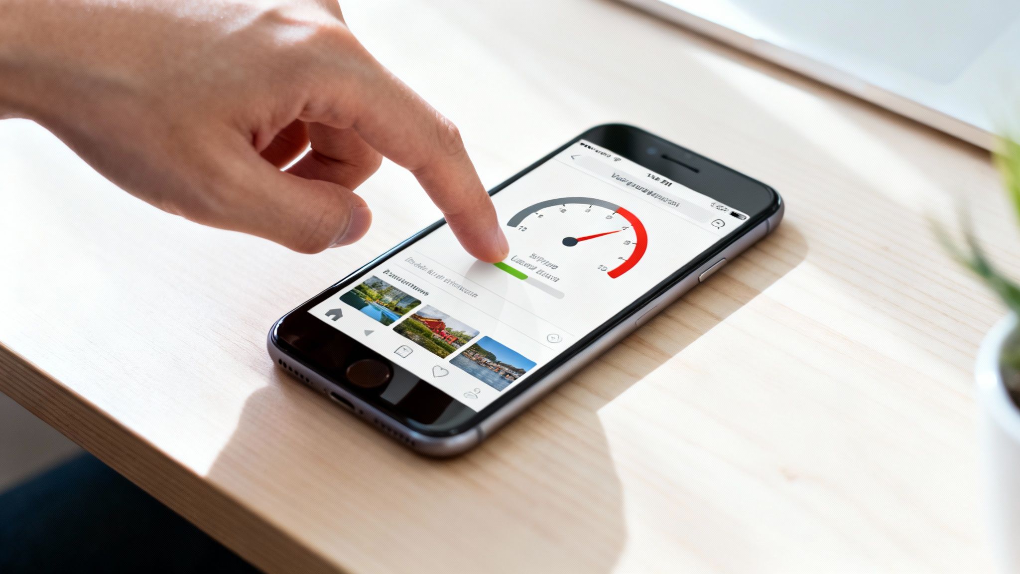 Hand tapping a smartphone screen displaying a mobile app with a gauge, progress bar, and images.