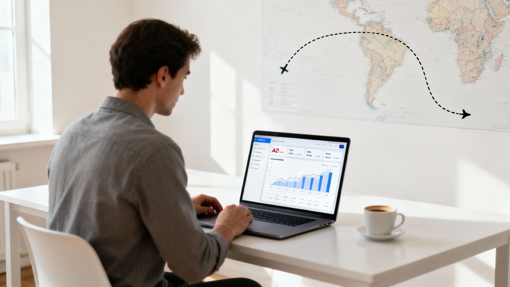 A team of digital marketing experts collaborating around a table with laptops and charts.