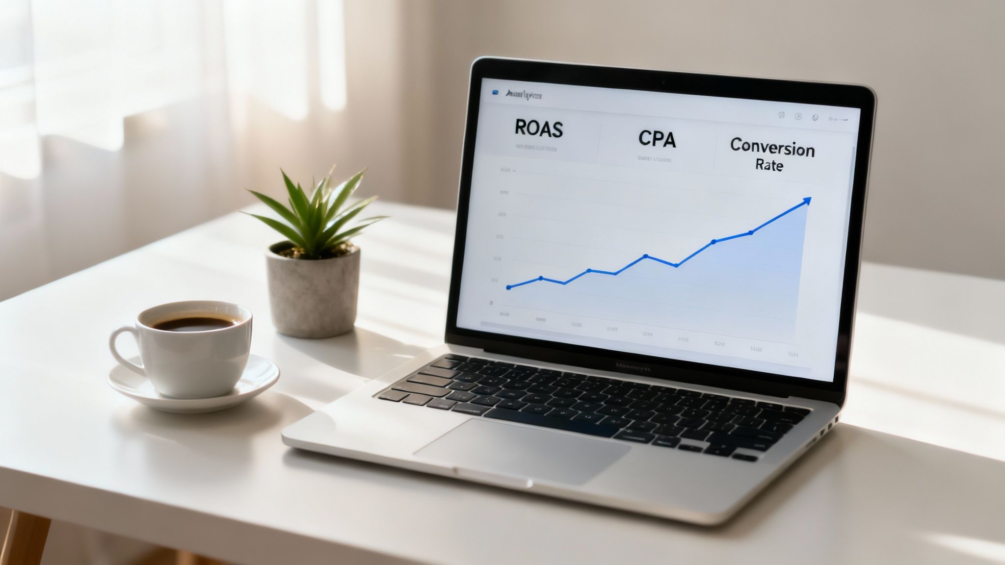 A laptop on a desk displays a digital marketing dashboard showing an increasing conversion rate.