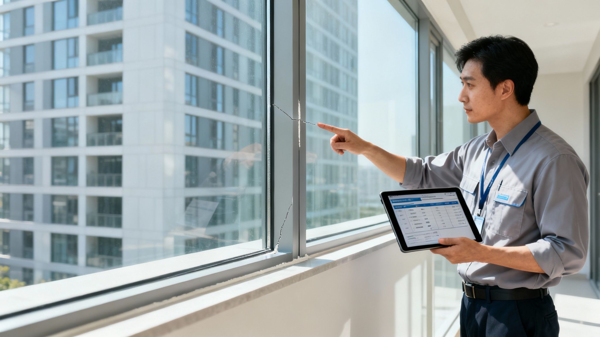 A maintenance worker in a high-rise building points at a long crack in a large window, holding a tablet.