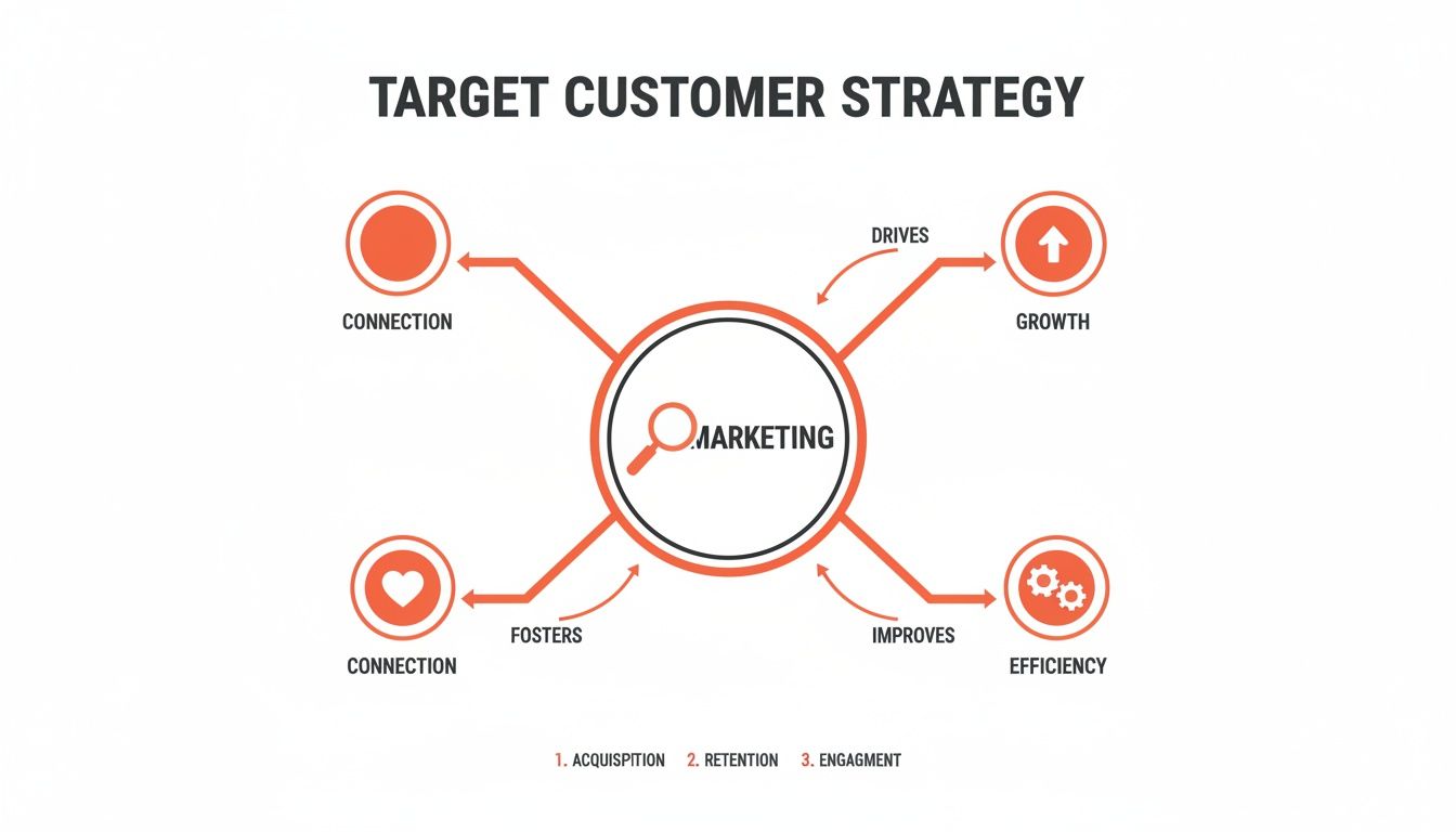 Diagram illustrating a target customer strategy, with central marketing driving growth, connection, and efficiency.