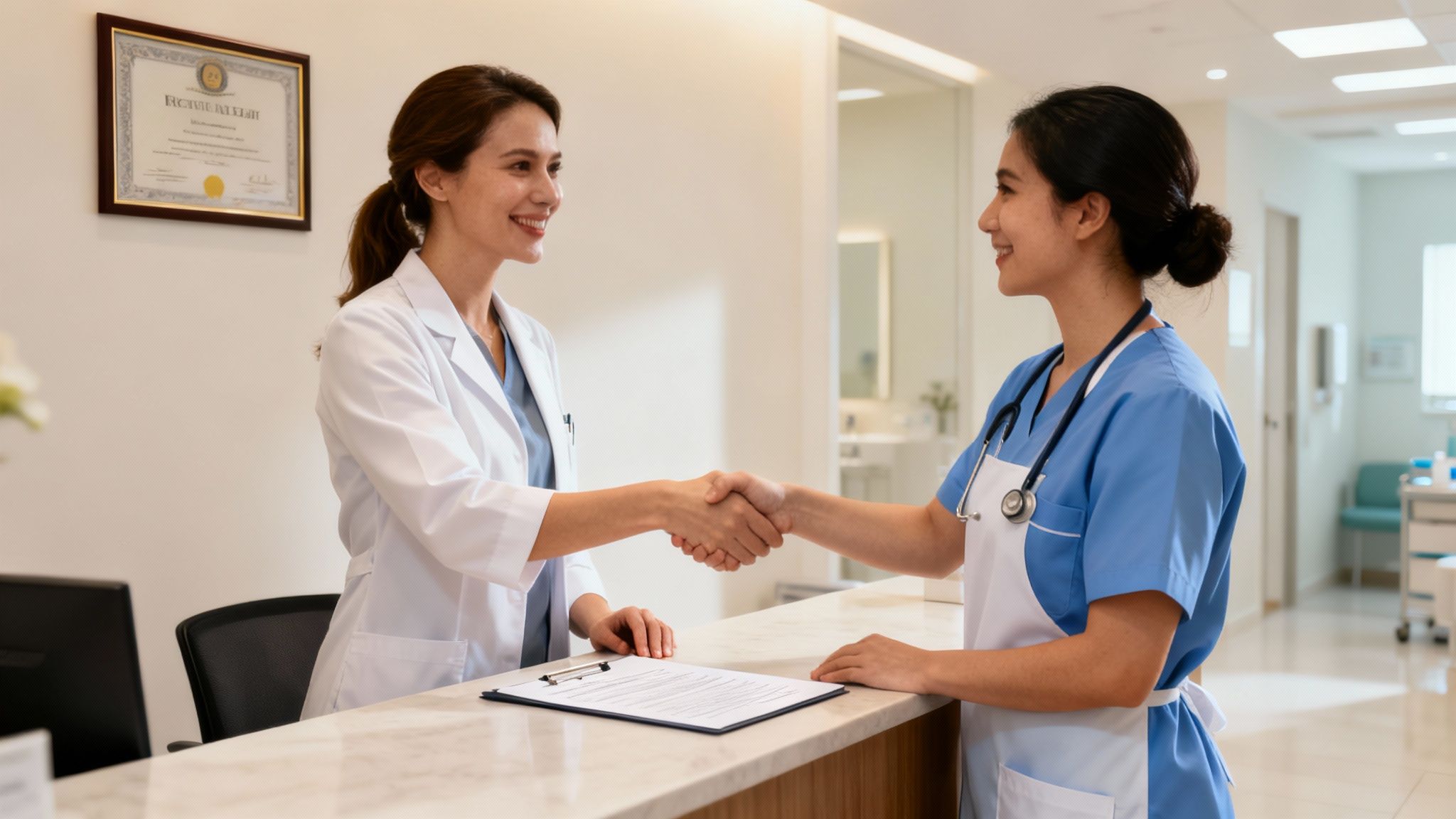 Two smiling medical professionals, a doctor and a nurse, shake hands at a hospital reception desk.