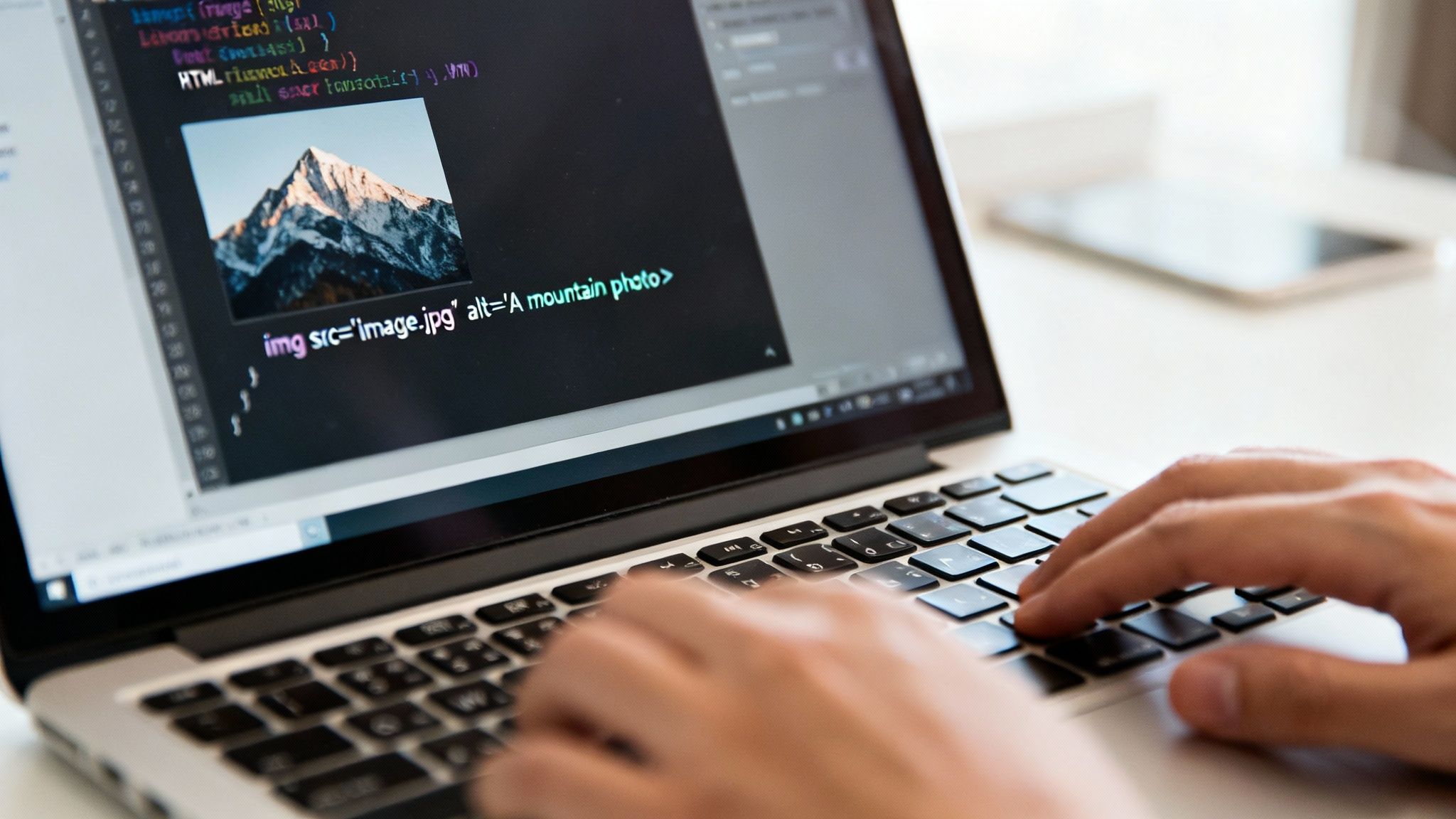 Close-up of hands typing on a laptop keyboard, displaying HTML code with an embedded mountain image.