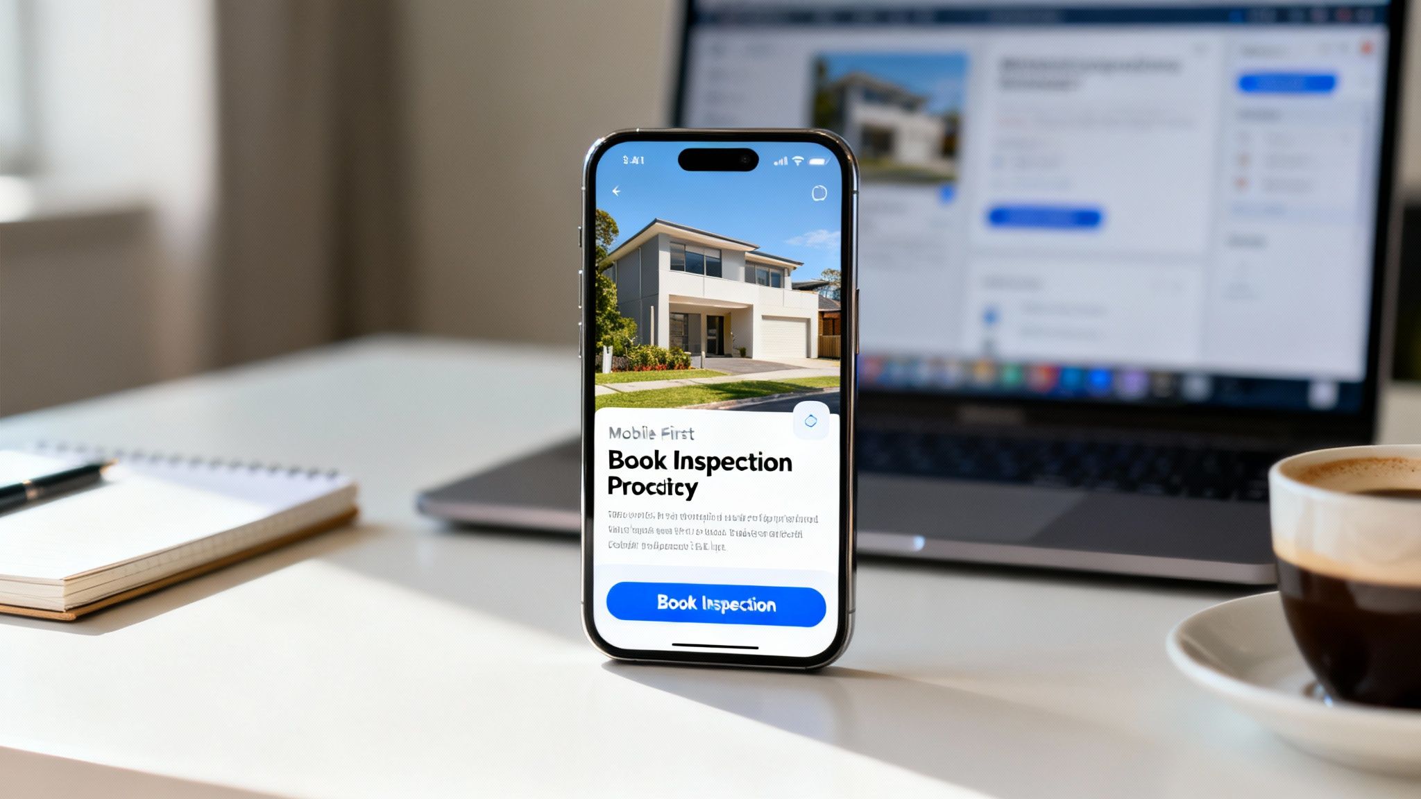 Close-up of a smartphone displaying a real estate app for house inspections, on a desk with a laptop and coffee.