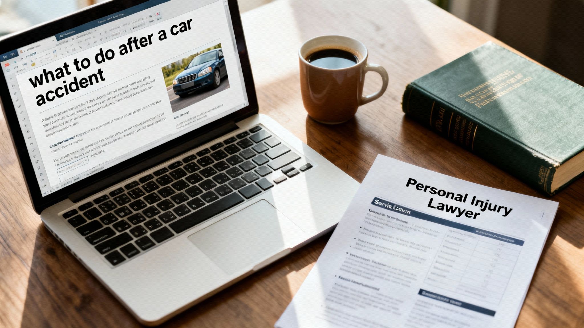 A laptop displays an article about car accidents next to a personal injury lawyer document and coffee.