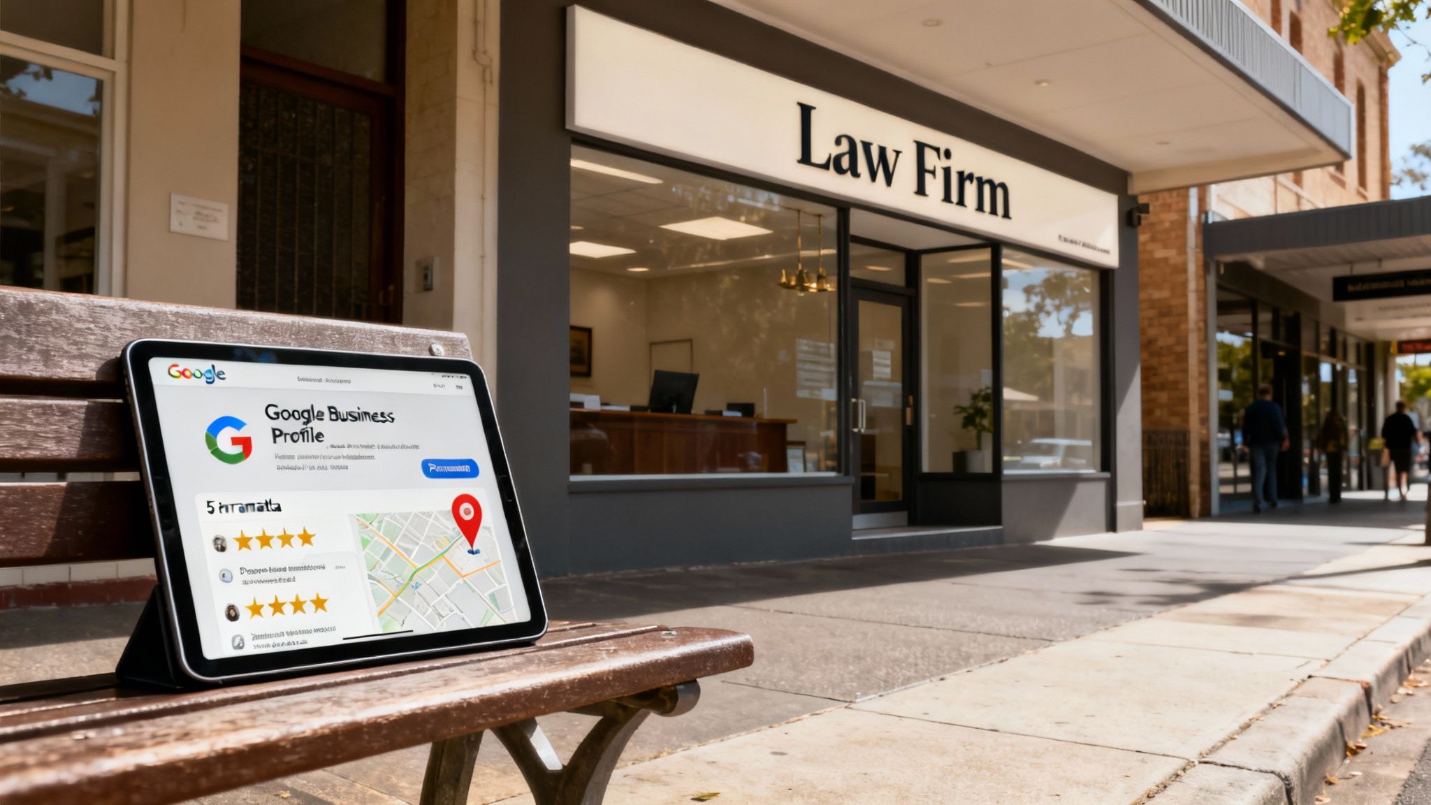 A tablet displaying a Law Firm's 5-star Google Business Profile on a bench outside their office.