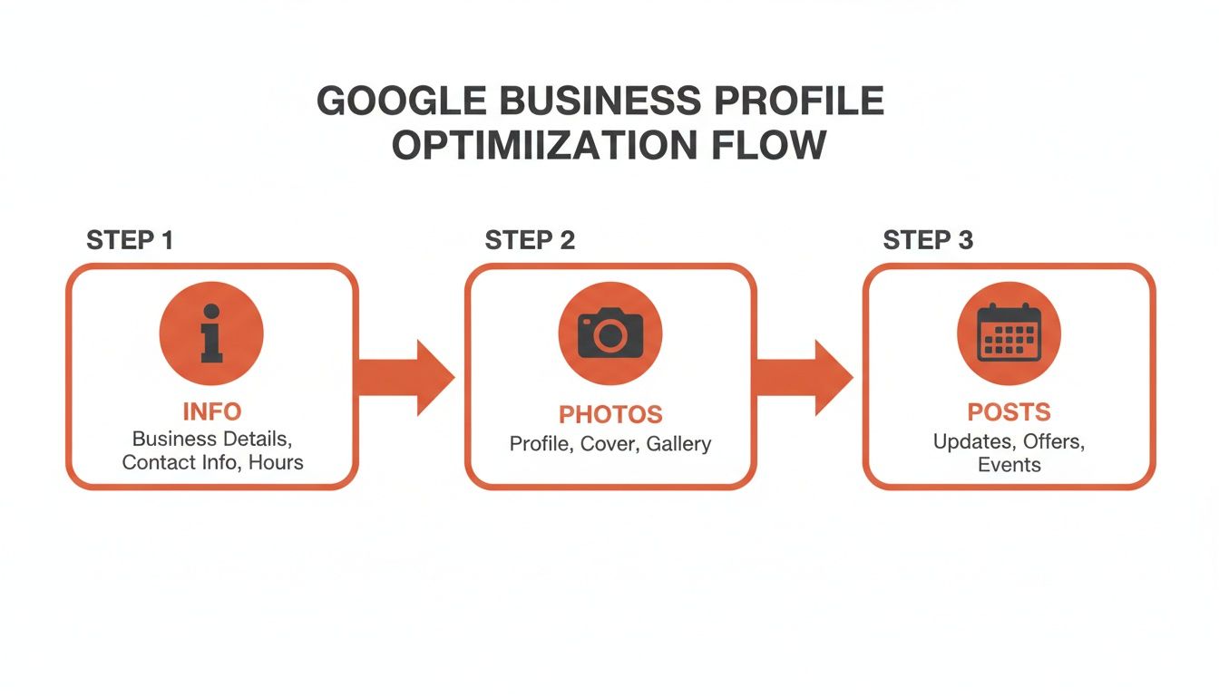 Flowchart illustrating three steps for Google Business Profile optimization: Info, Photos, and Posts for local businesses.