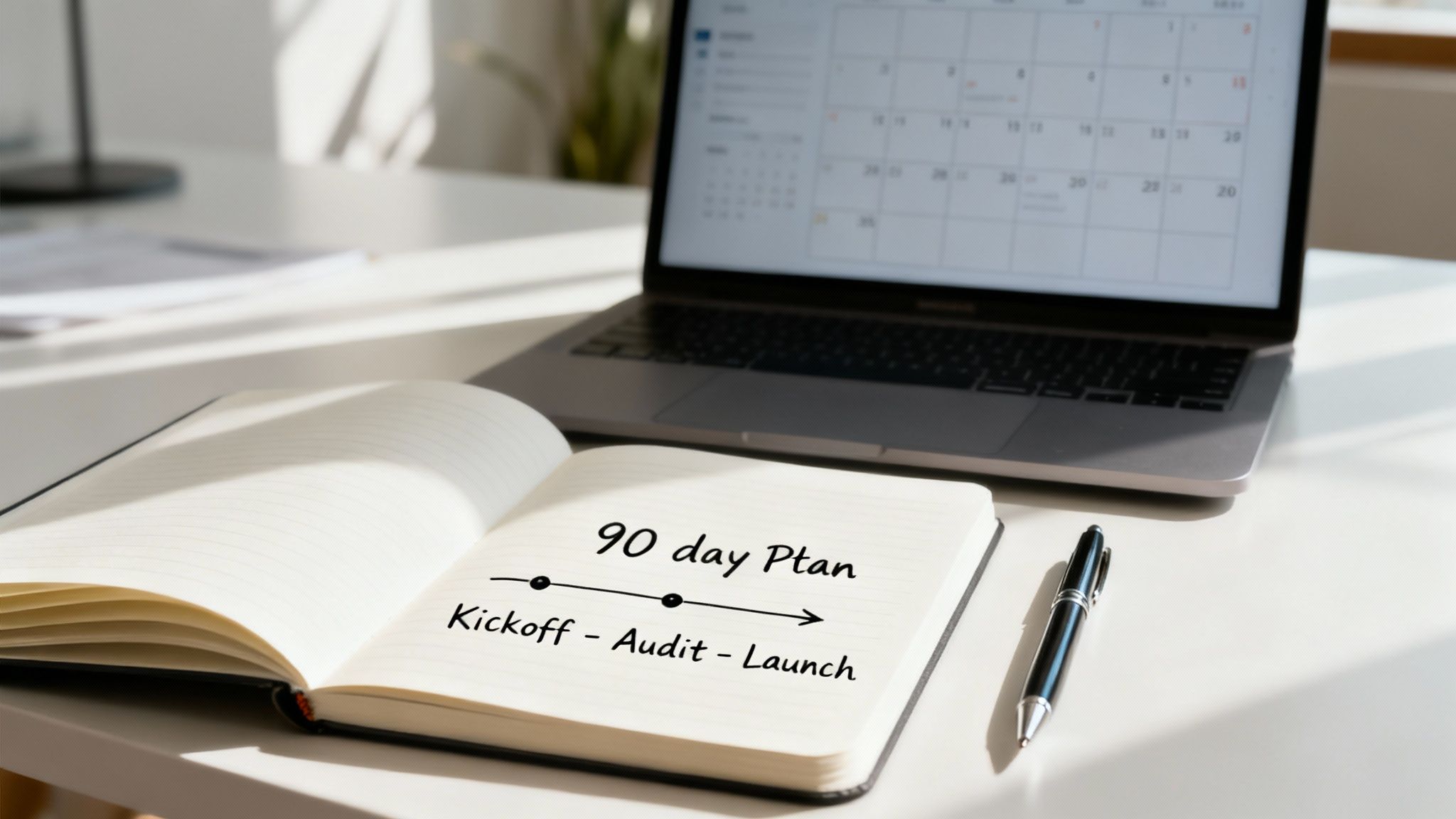 A 90-day timeline graphic with key milestones for onboarding a social media ads agency.