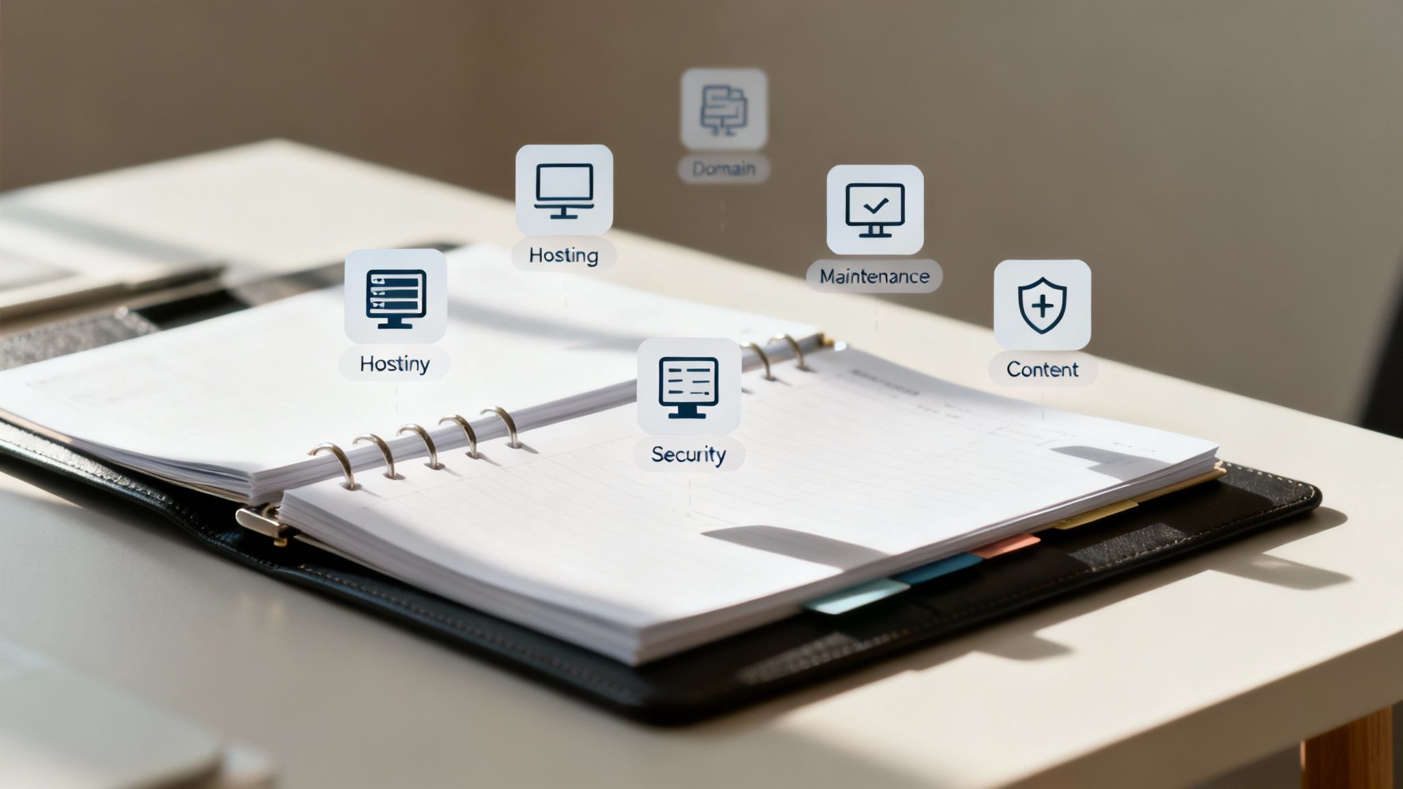 An open notebook on a desk with digital icons representing various website services like hosting, domain, security, and maintenance.