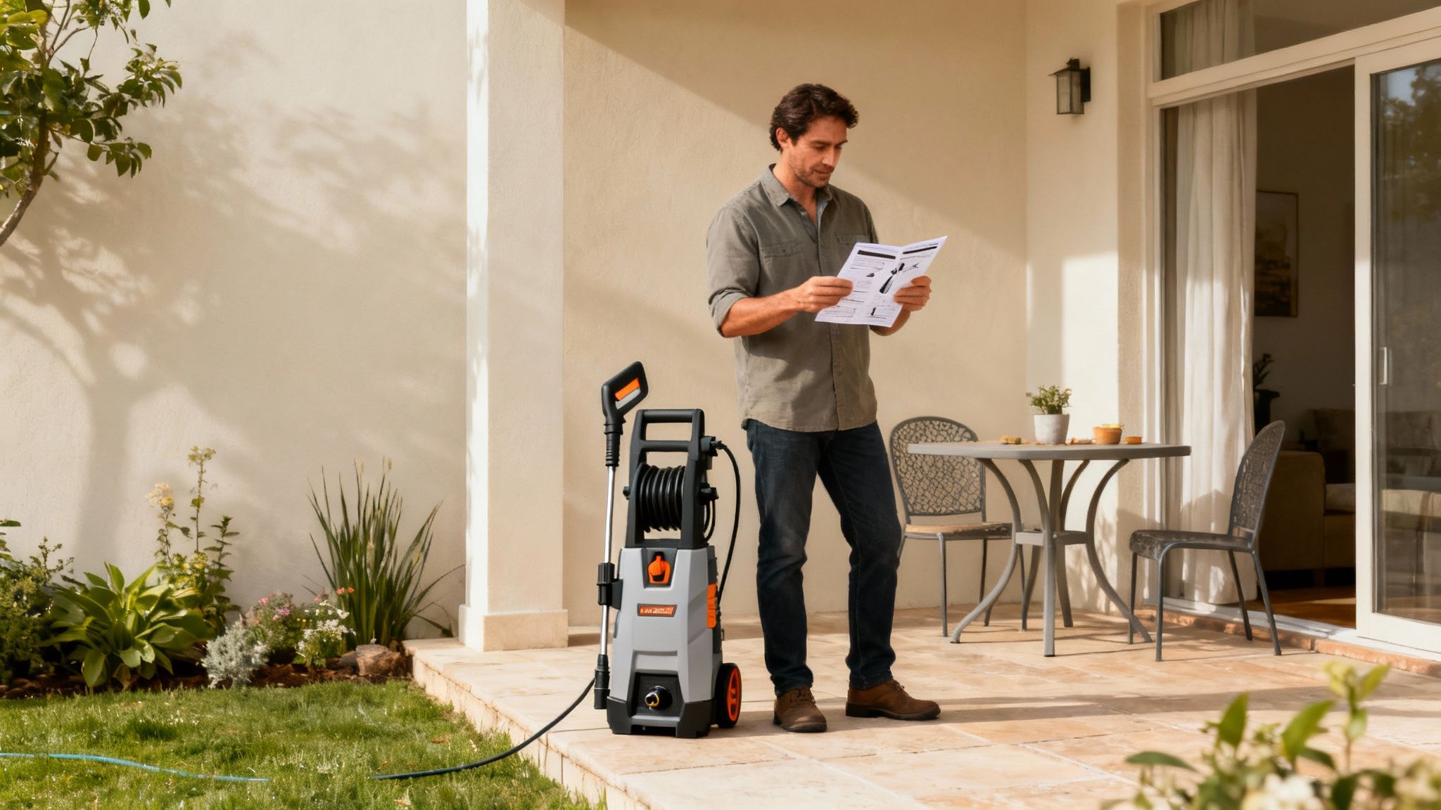 A person using a pressure washer on a dirty patio, showing a clear line between the clean and uncleaned sections.
