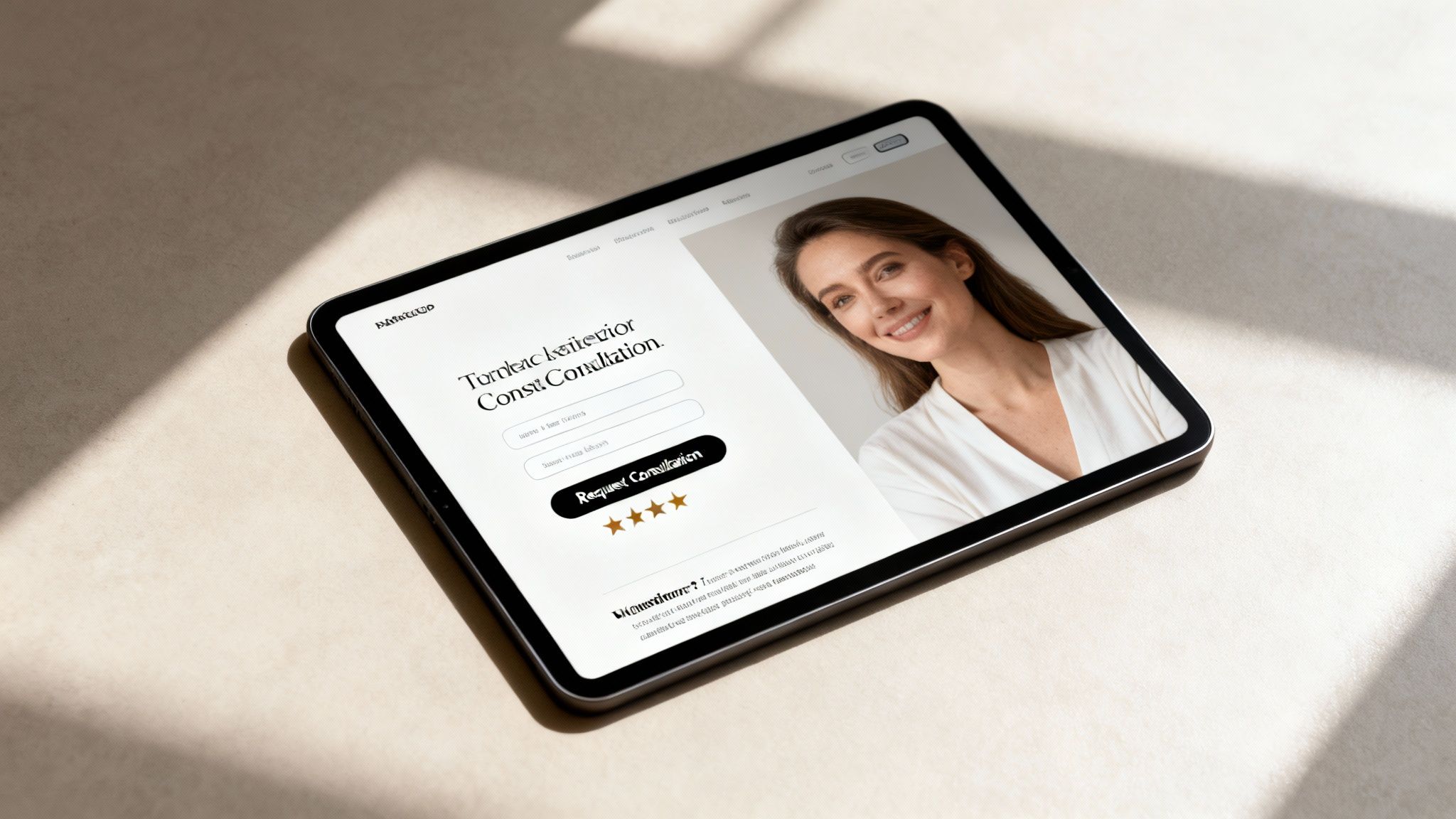 A tablet displays a website with a consultation form, a 'Request Consultation' button, and a smiling woman.