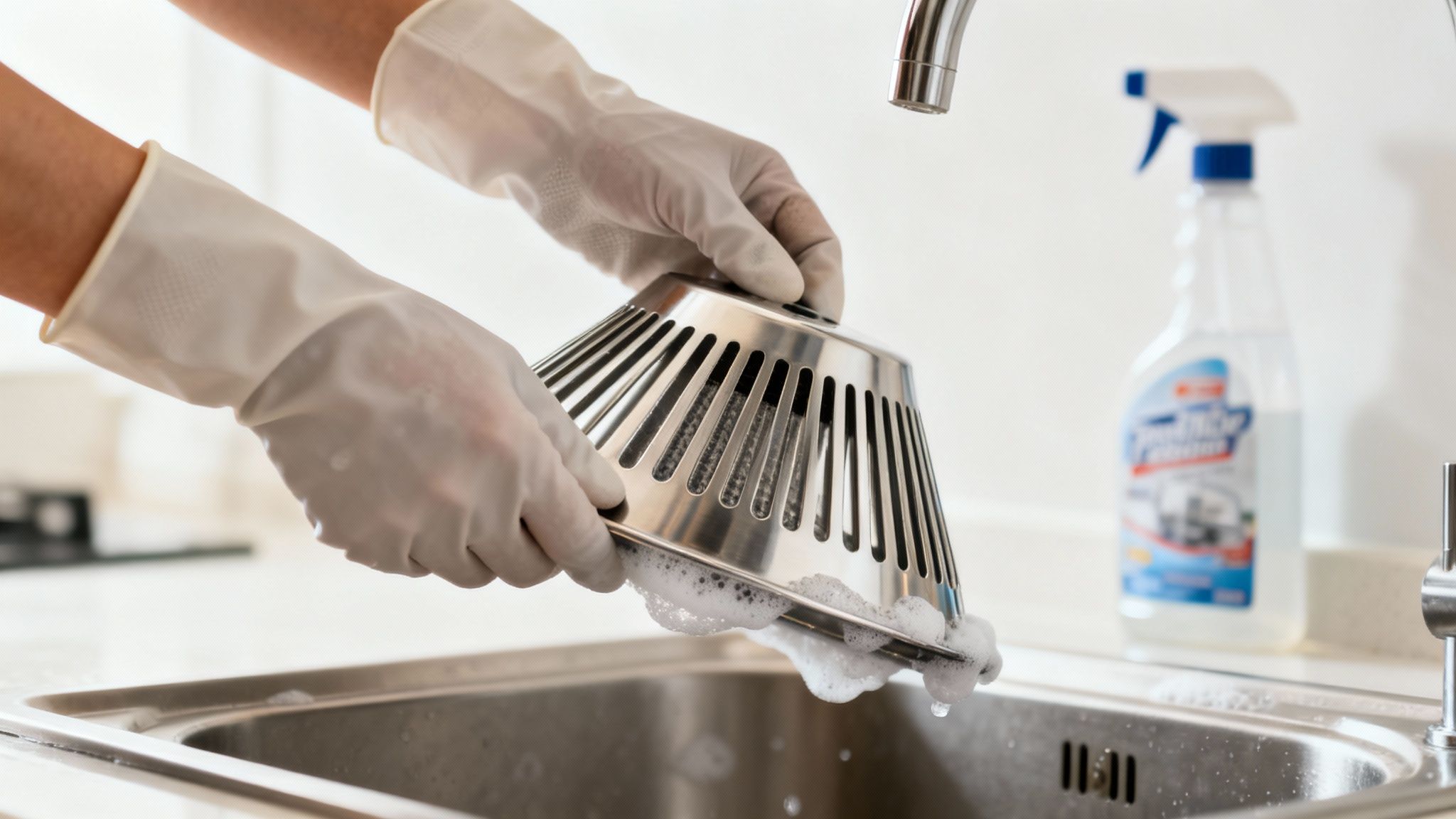 Person in white gloves cleaning a metal kitchen filter with soap over a stainless steel sink.