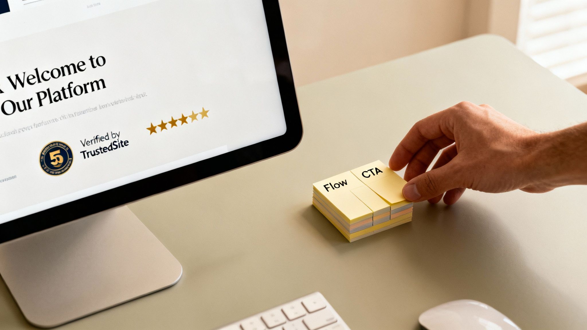 A hand places a 'CTA' sticky note next to 'Flow' notes, with a computer screen showing a verified website and 5-star rating.