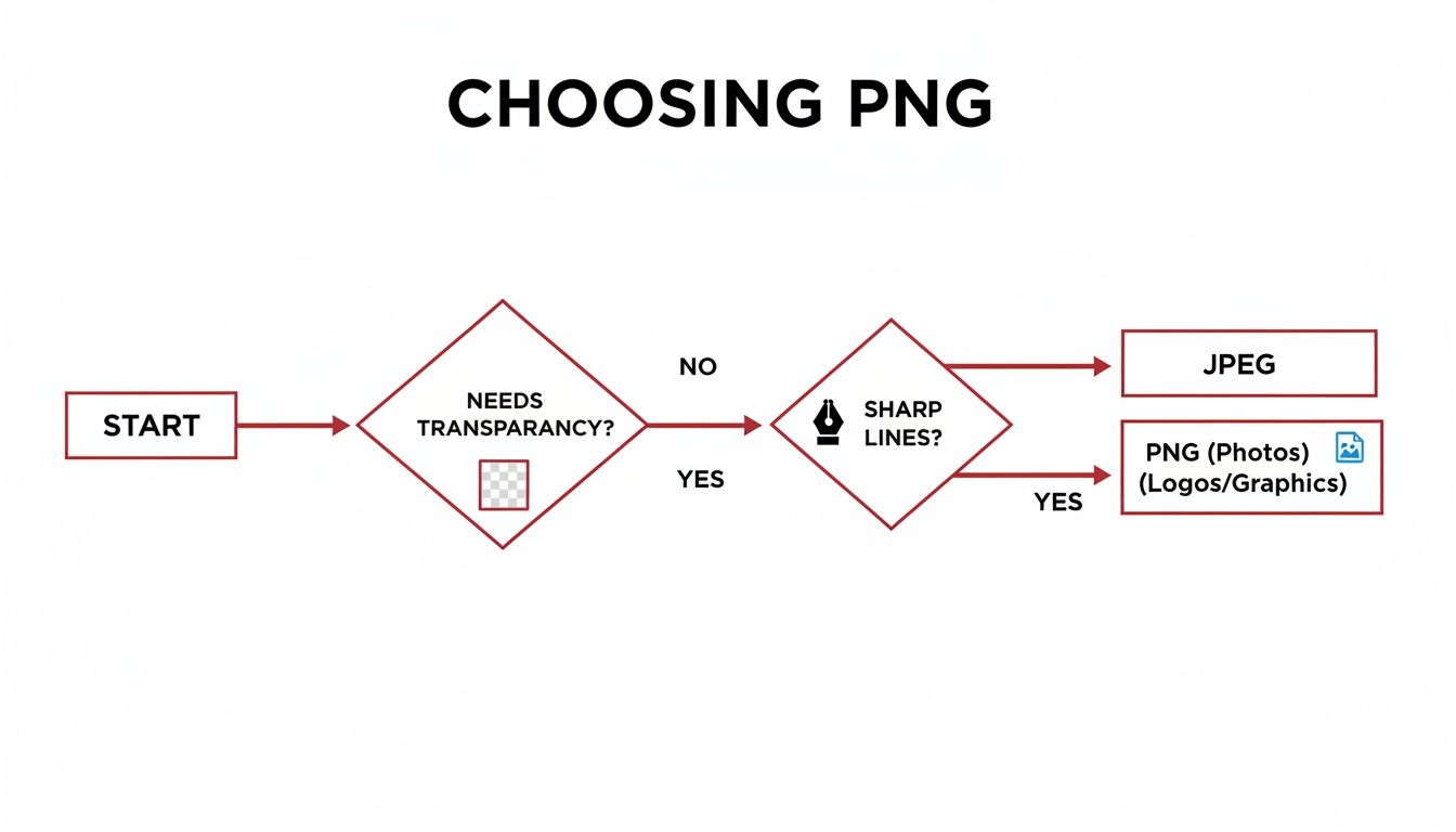Flowchart for choosing between PNG and JPEG image formats based on transparency and sharp lines.