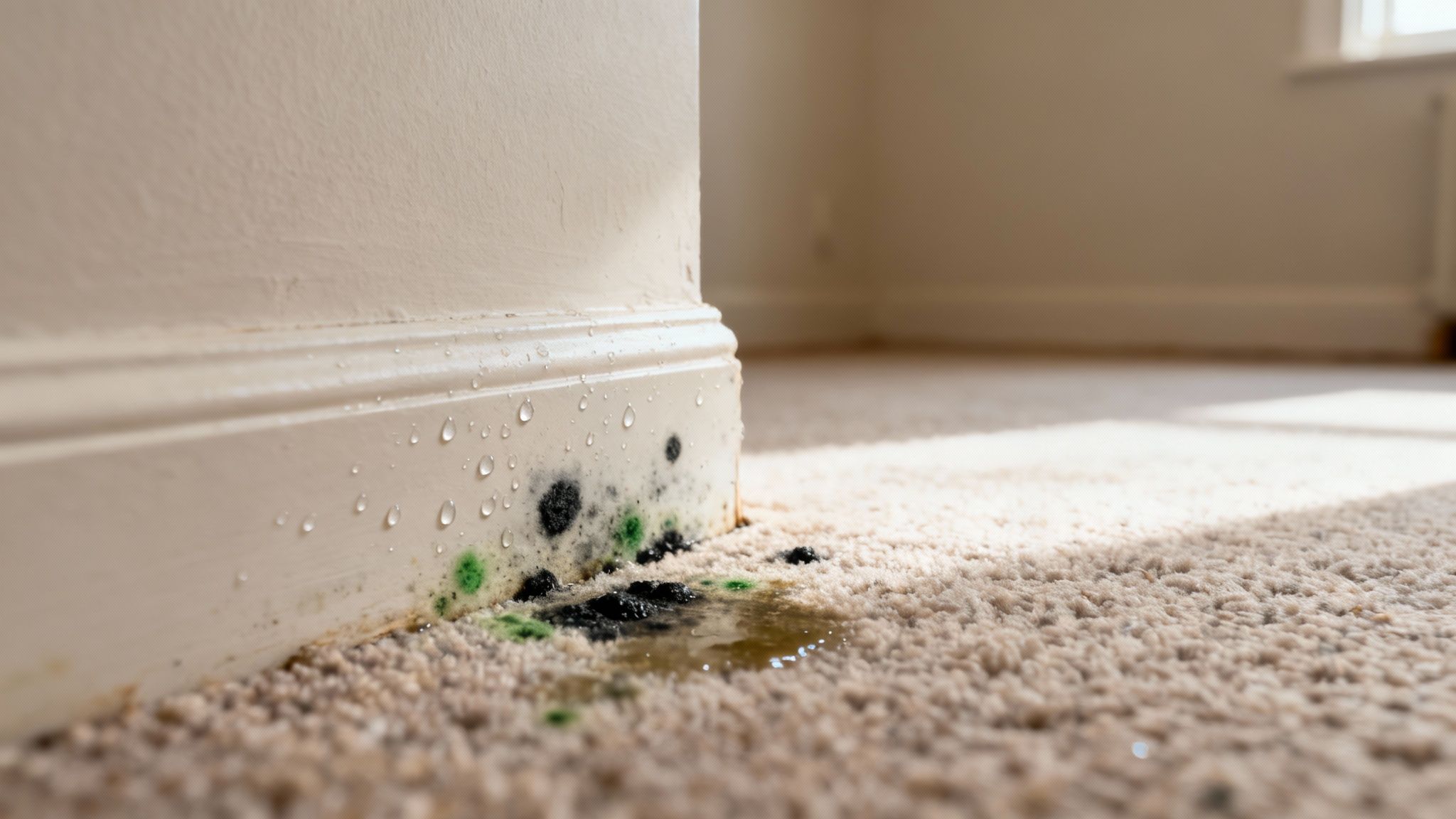 A close-up shot of dark mould spots growing on a light-coloured carpet.