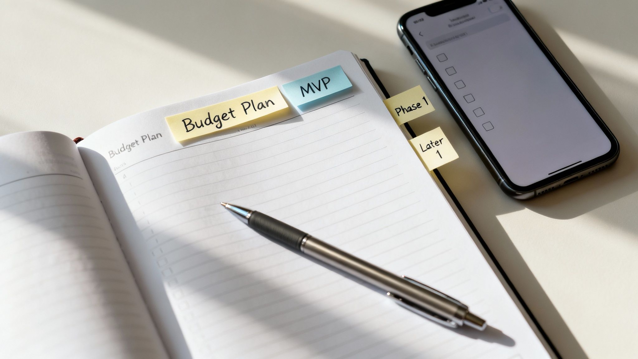 An open planner with sticky notes for budget, MVP, and phases, next to a smartphone with a checklist.